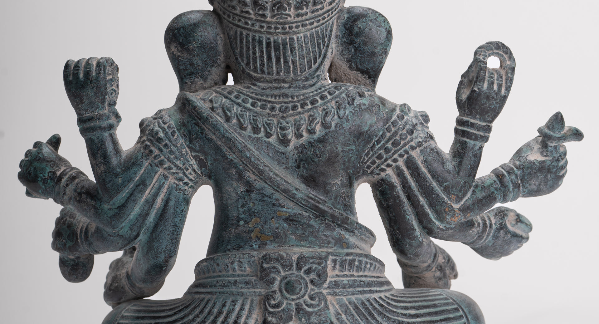 Ganesha Statue - Antique Khmer Style Enthroned Angkor Wat 8 Arm Ganesh Statue - 22cm/9"