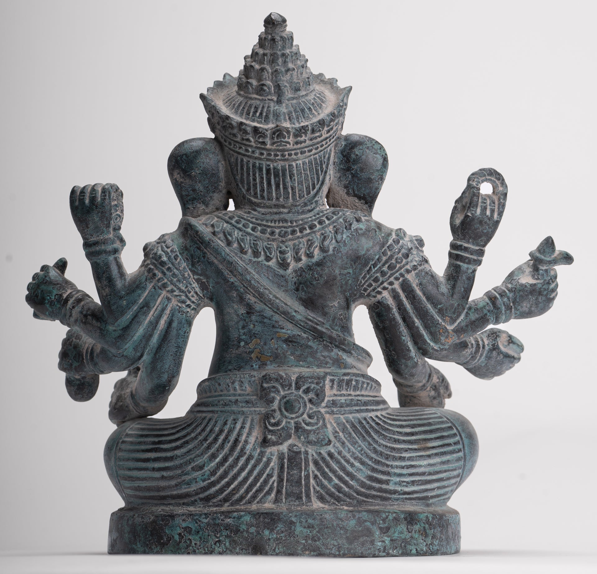 Ganesha Statue - Antique Khmer Style Enthroned Angkor Wat 8 Arm Ganesh Statue - 22cm/9"