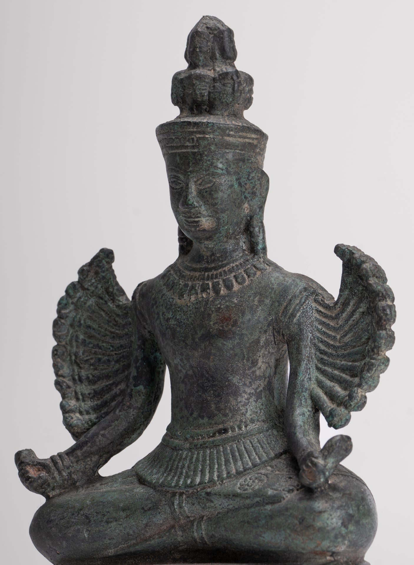 Antique Khmer Style Seated Bronze Bayon Hevajra Statue - 20cm/8" Tall