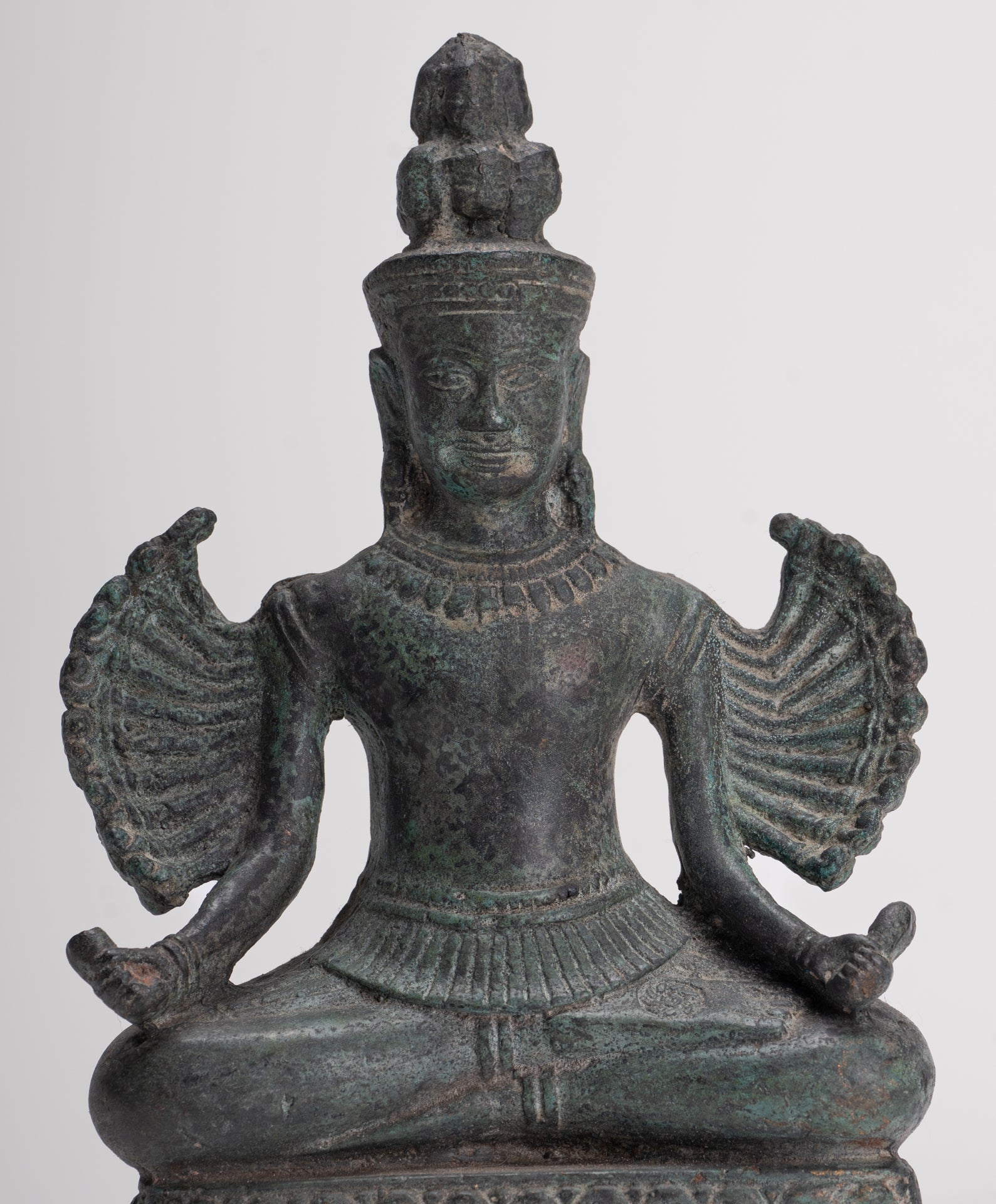 Antique Khmer Style Seated Bronze Bayon Hevajra Statue - 20cm/8" Tall