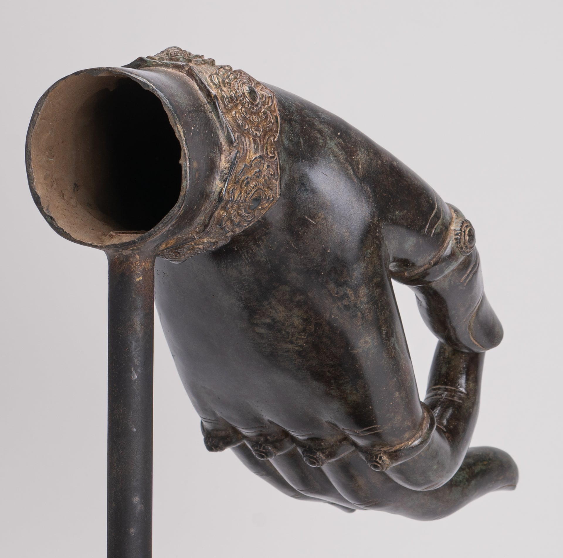 Mounted Antique Khmer Style Southeast Asia Bronze Teaching Hand - 37cm/15"