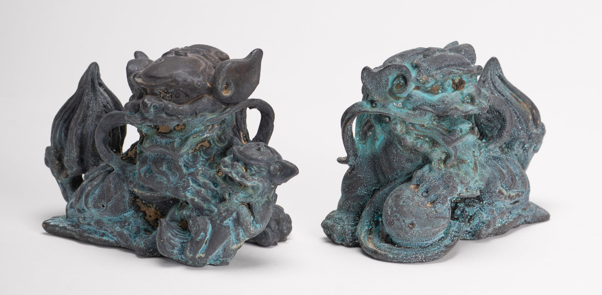 Antique Chinese Style Bronze Dragon Statue - 6cm/2" Tall (Pair)