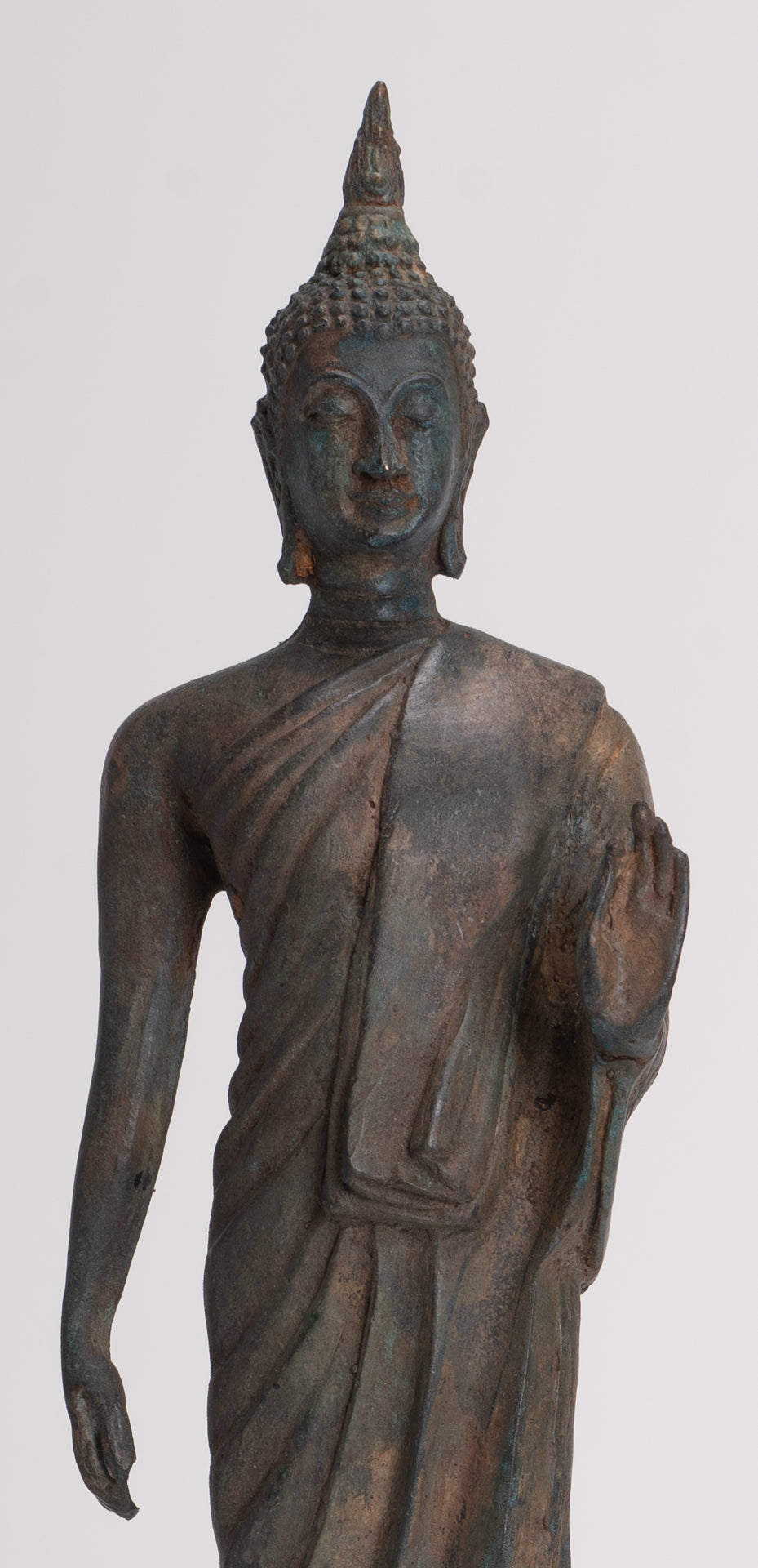 Antique Sukhothai Style Standing Bronze Thai Protection Walking Buddha Statue - 30cm/12"