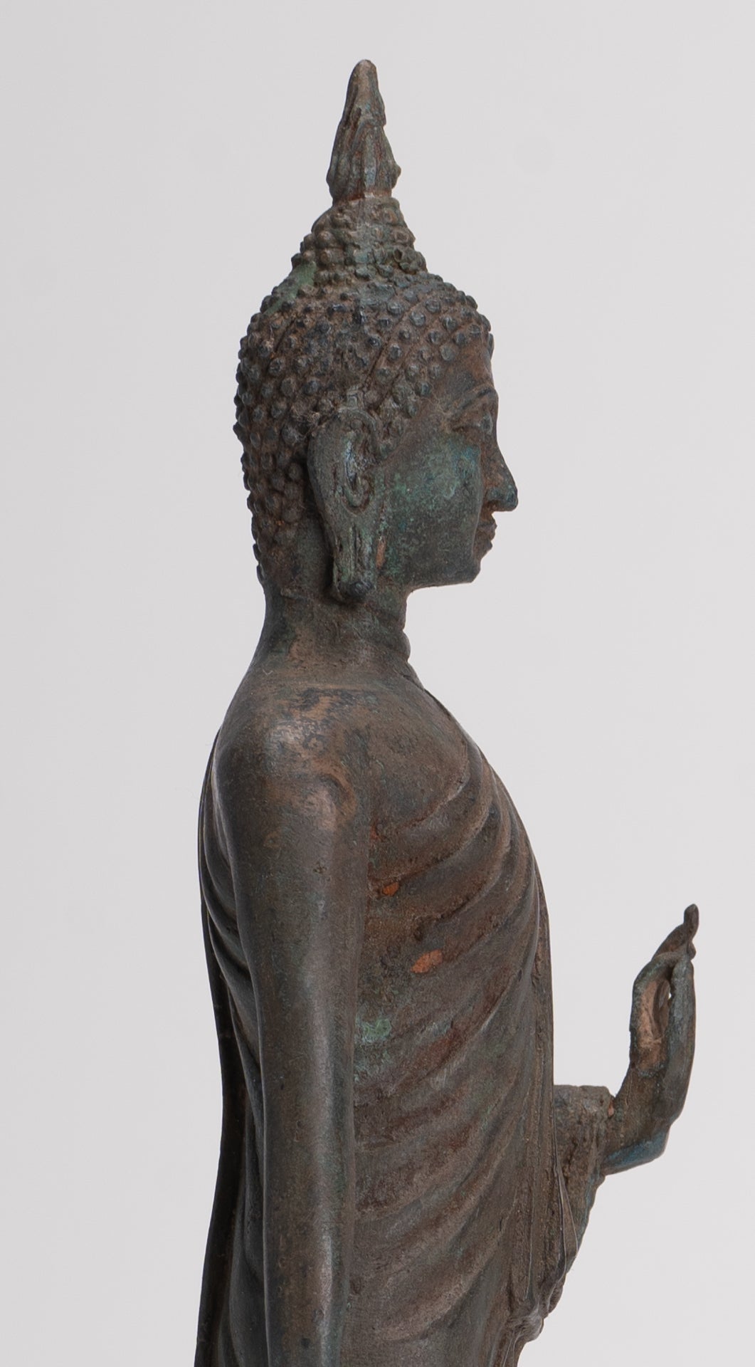 Antique Sukhothai Style Standing Bronze Thai Protection Walking Buddha Statue - 30cm/12"