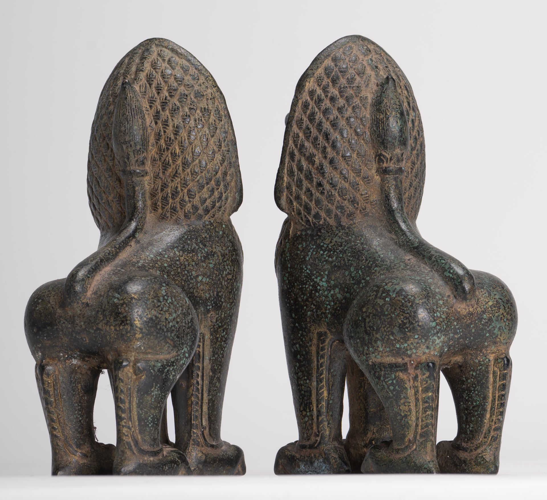 Temple Lions - Antique Khmer Style Bronze Standing Temple Guardian or Lions (Pair) - 20cm/8"