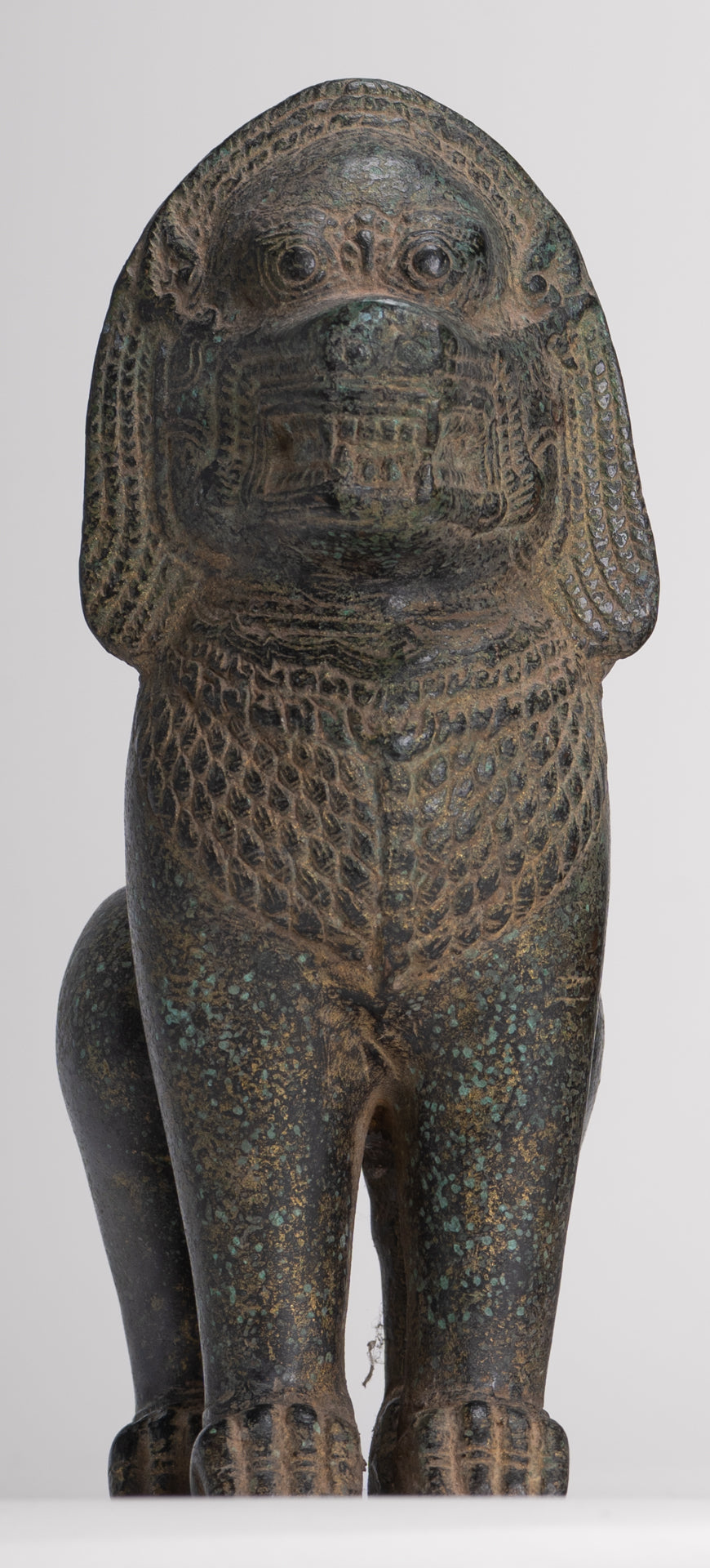 Temple Lions - Antique Khmer Style Bronze Standing Temple Guardian or Lions (Pair) - 20cm/8"