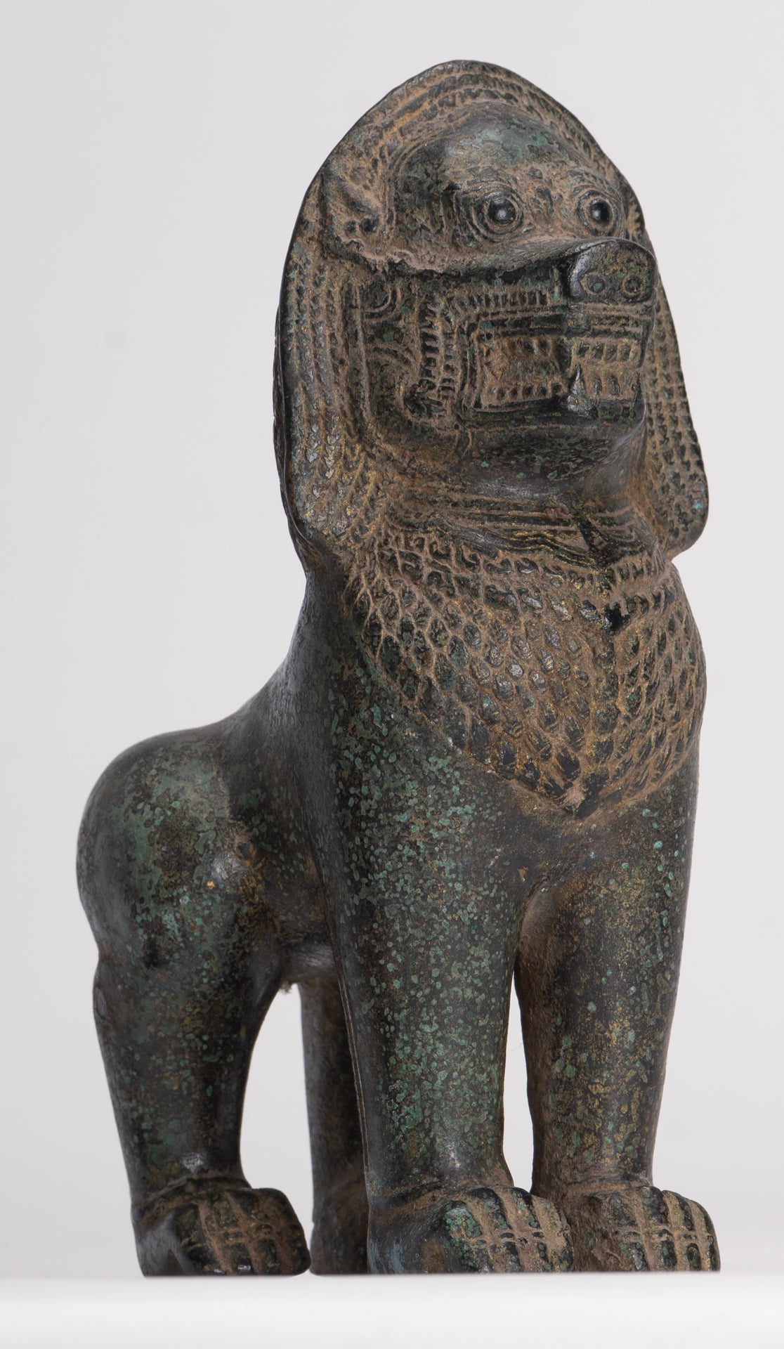 Temple Lions - Antique Khmer Style Bronze Standing Temple Guardian or Lions (Pair) - 20cm/8"