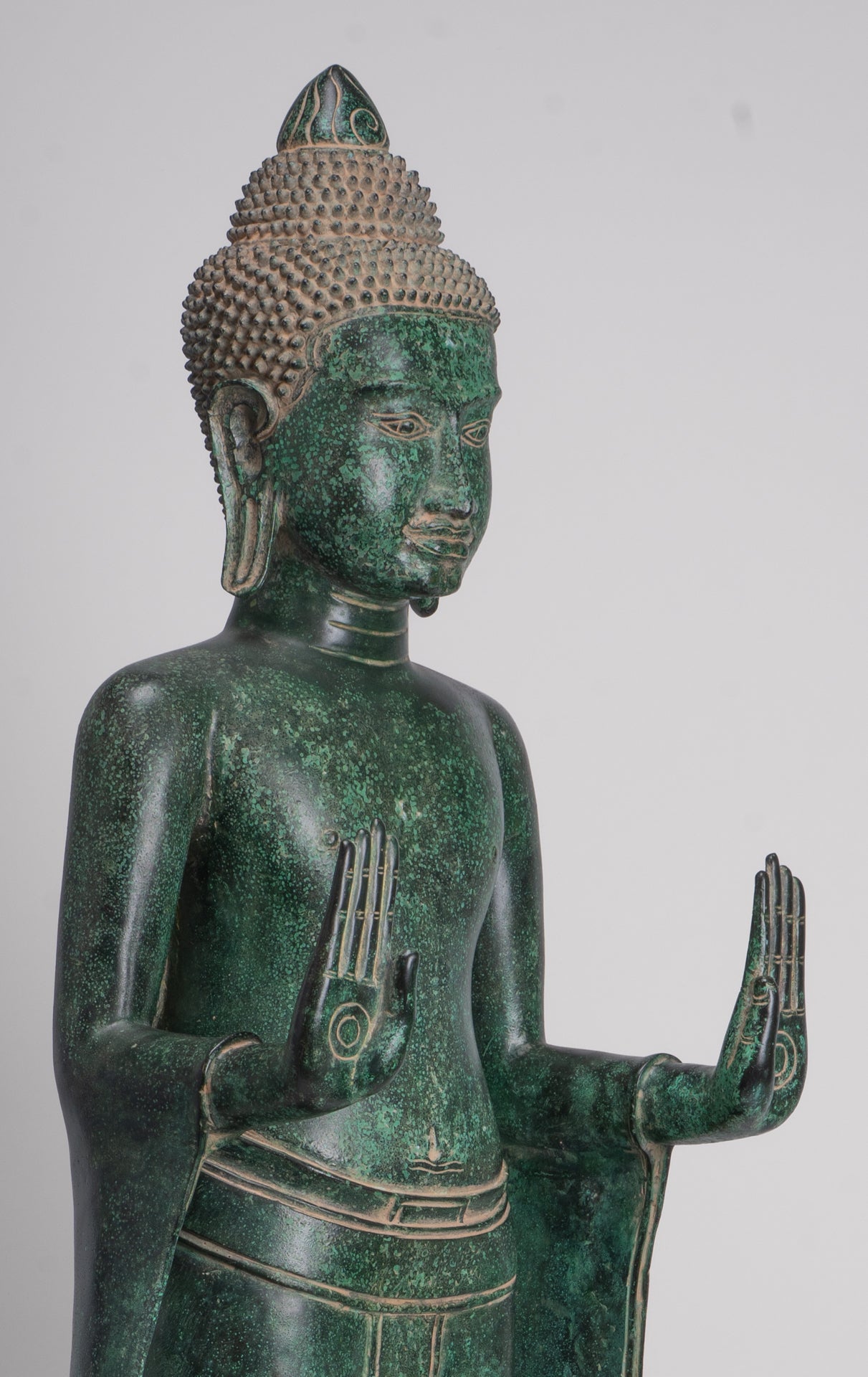Large Buddha Statue - Antique Khmer Style Bronze Standing Abhaya Protection Buddha Statue - 123cm/49"
