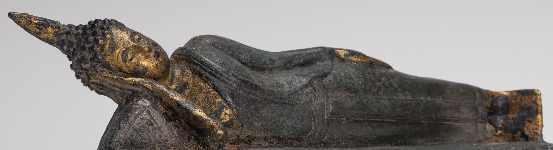 Buddha Statue - Antique Thai Style Bronze Sukhothai Reclining Nirvana Buddha Statue - 29cm/12"