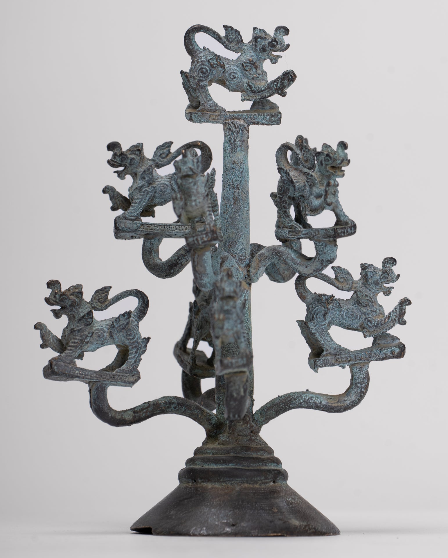 Singha Sculpture - Antique Thai Style Bronze Bodhi Tree of Thai Singha or Temple Lions/Guardians Statues - 11cm/4"