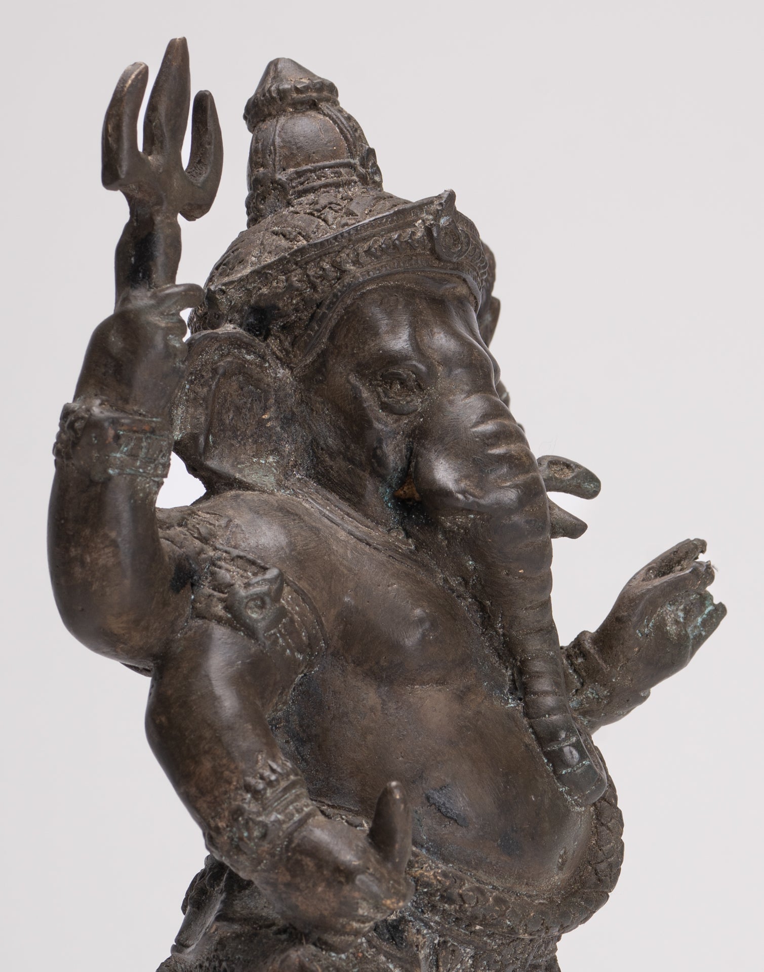 Ganesha Statue - Antique Thai Style Bronze Standing 4-Arm Ganesha Statue - 26cm/10"