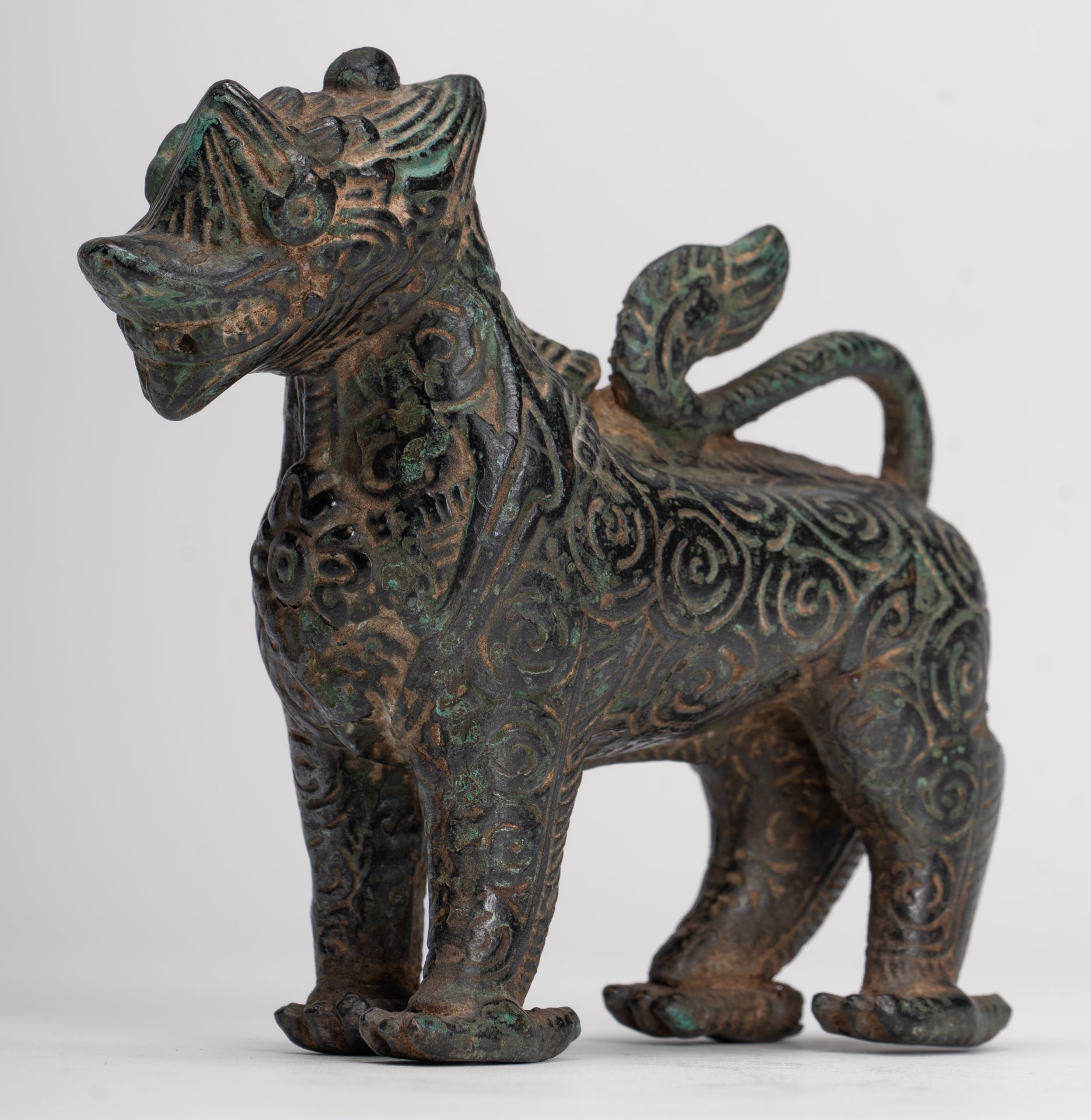 Antique Khmer Style Bronze Standing Chinthe Guardian Temple Lion - 10.5cm/4"