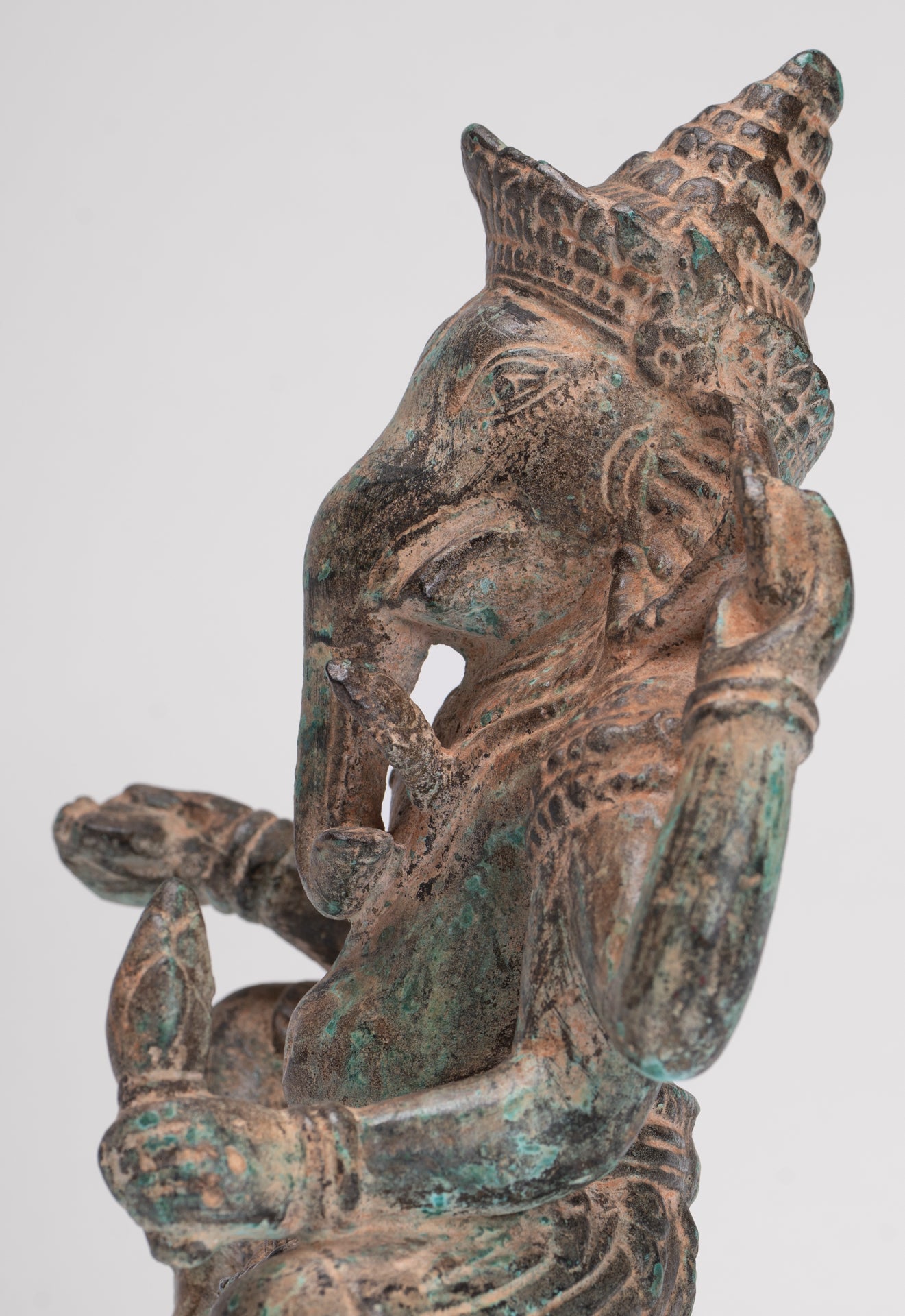 Ganesha Statue - Antique Khmer Style Angkor Wat Bronze Seated Four Arm Ganesh Statue - 19cm/8"