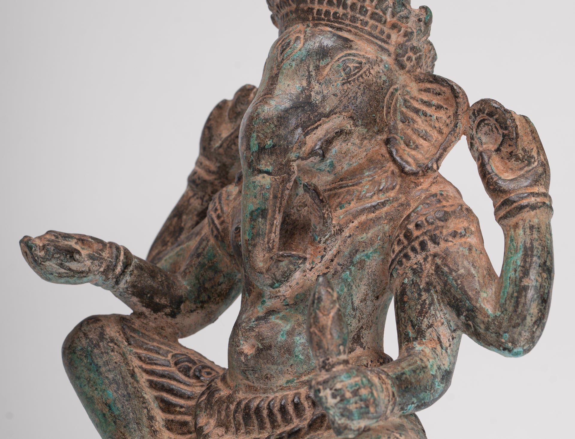 Ganesha Statue - Antique Khmer Style Angkor Wat Bronze Seated Four Arm Ganesh Statue - 19cm/8"