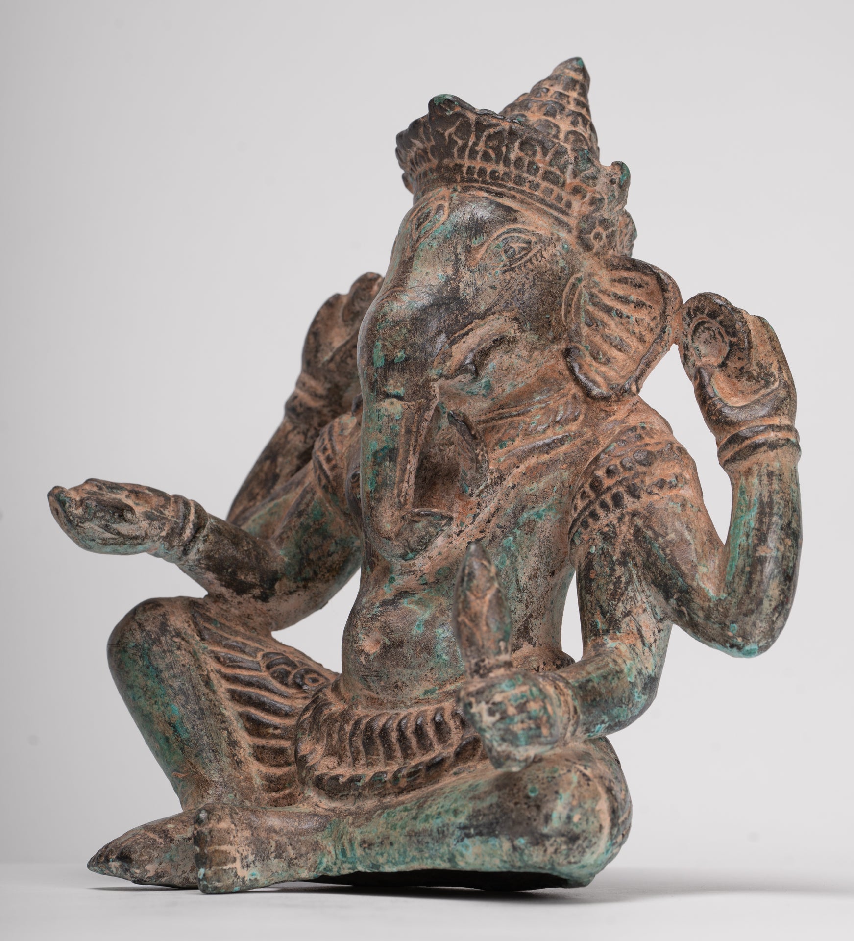 Ganesha Statue - Antique Khmer Style Angkor Wat Bronze Seated Four Arm Ganesh Statue - 19cm/8"