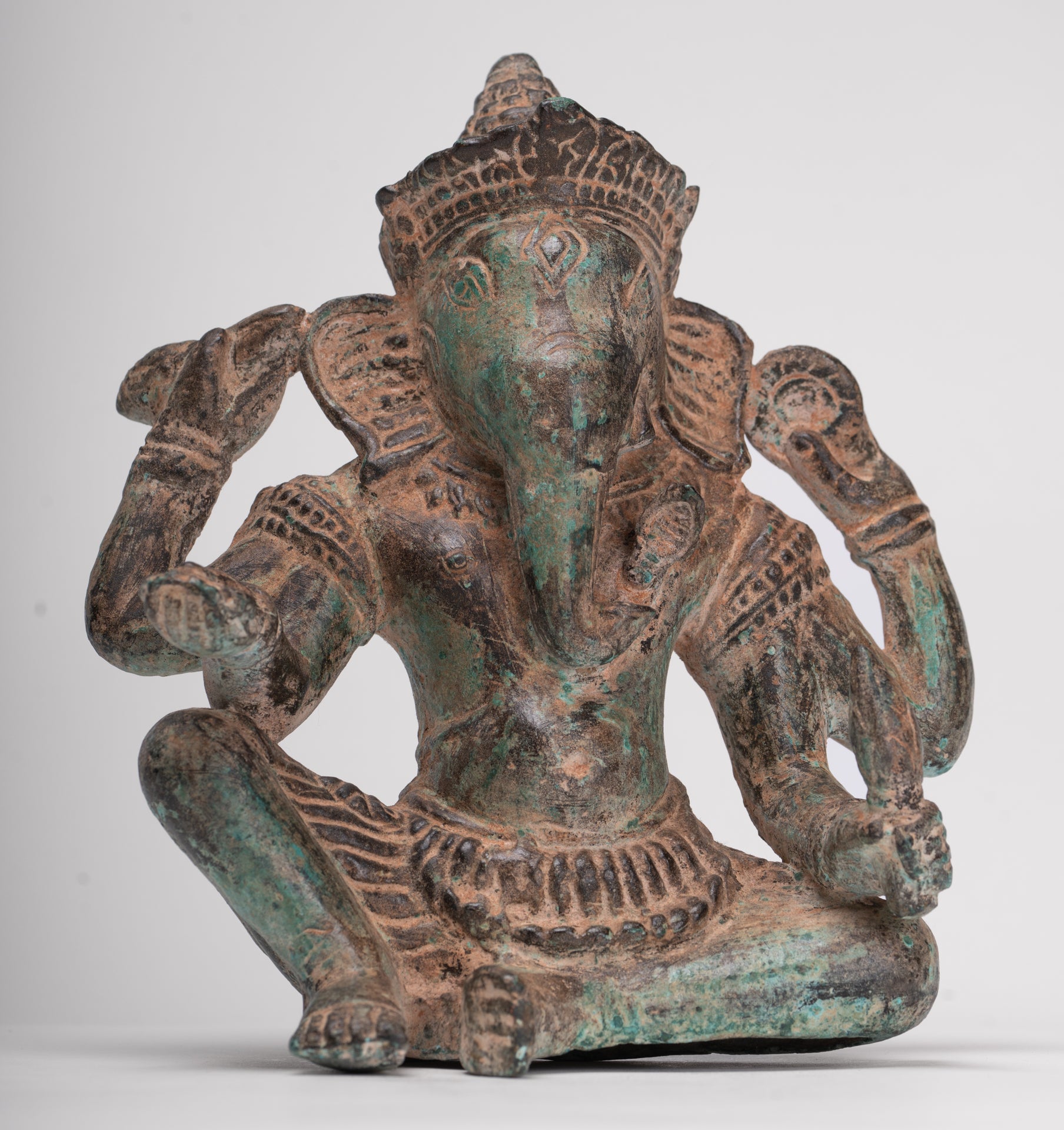 Ganesha Statue - Antique Khmer Style Angkor Wat Bronze Seated Four Arm Ganesh Statue - 19cm/8"