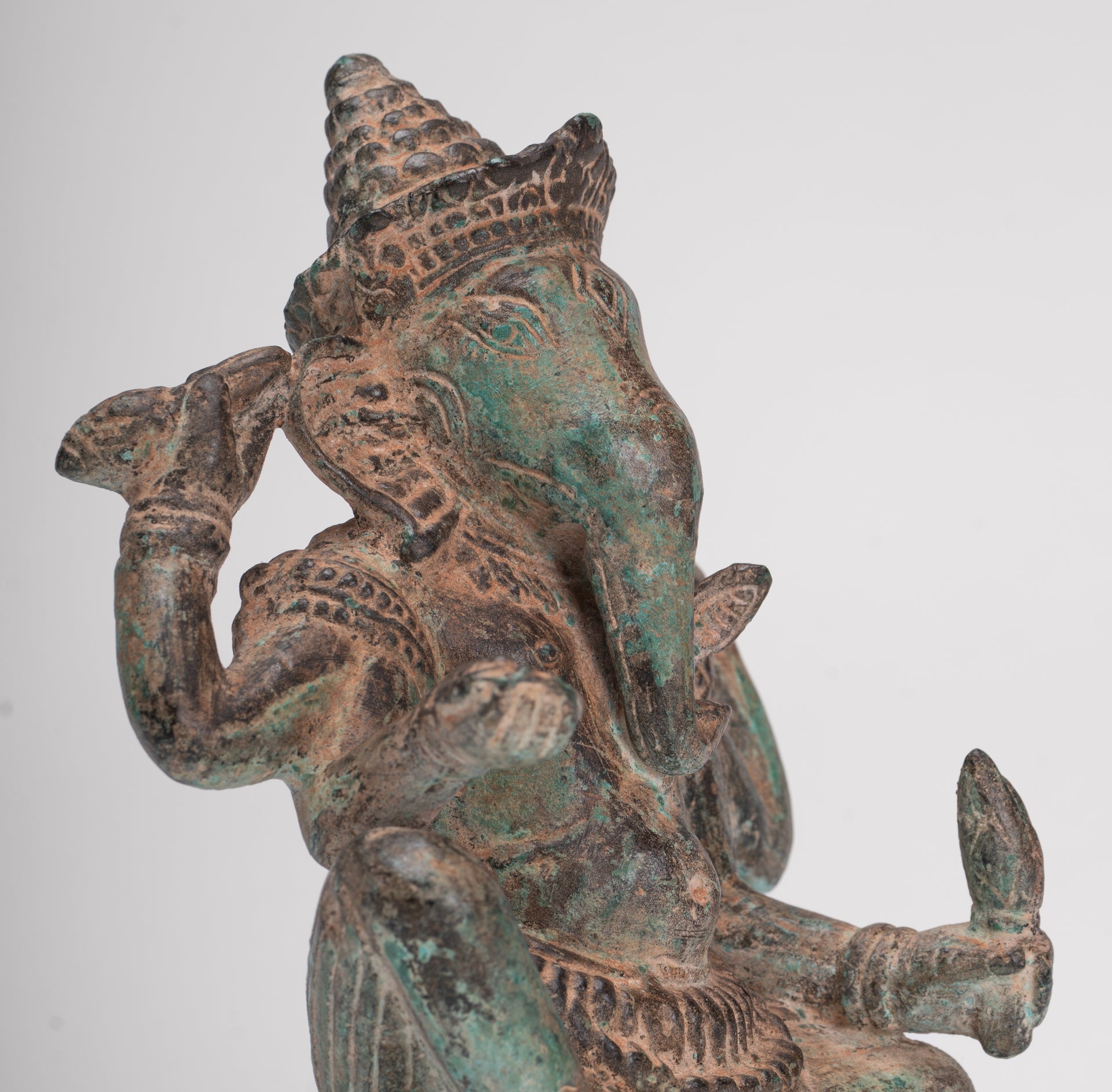 Ganesha Statue - Antique Khmer Style Angkor Wat Bronze Seated Four Arm Ganesh Statue - 19cm/8"
