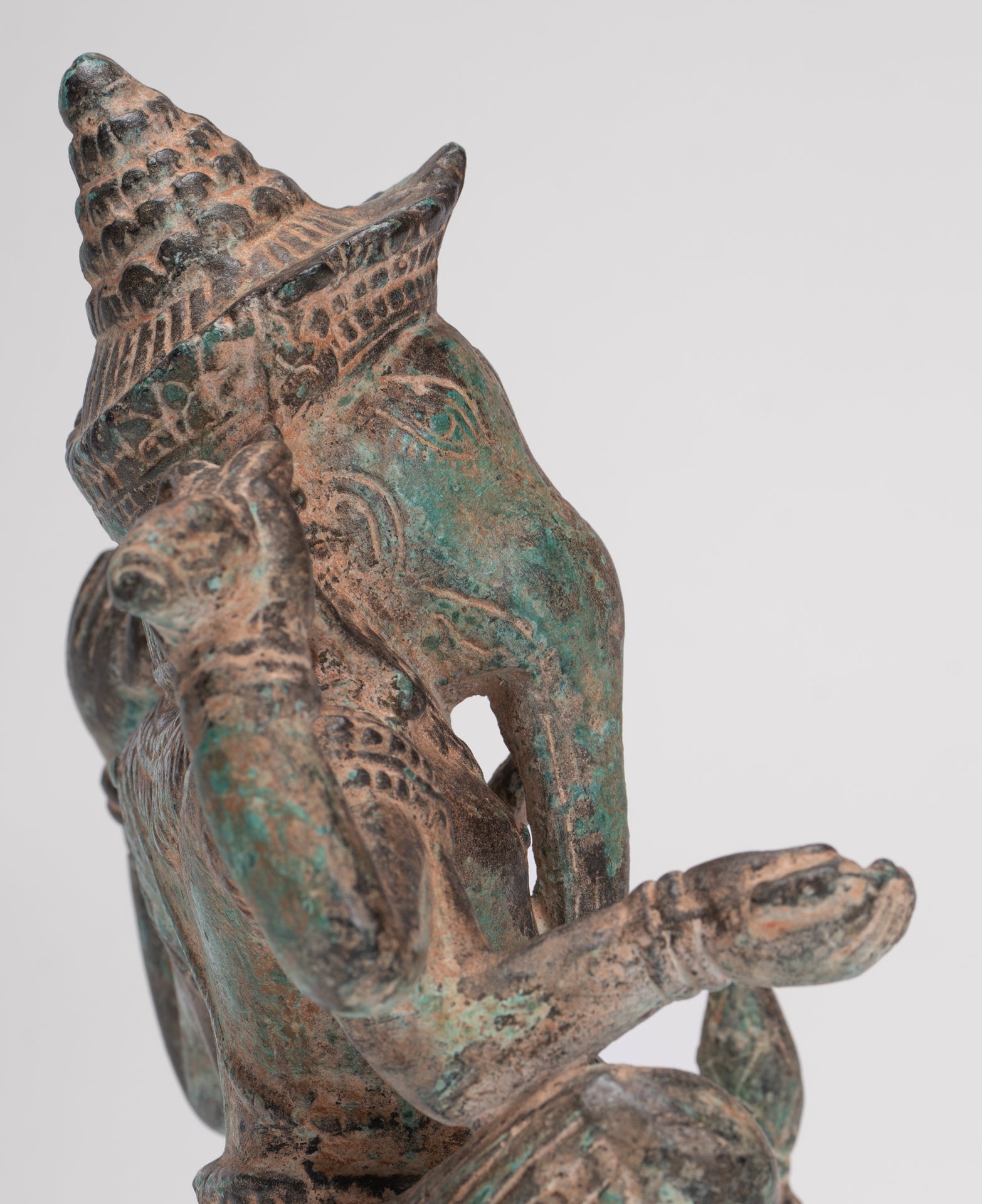 Ganesha Statue - Antique Khmer Style Angkor Wat Bronze Seated Four Arm Ganesh Statue - 19cm/8"