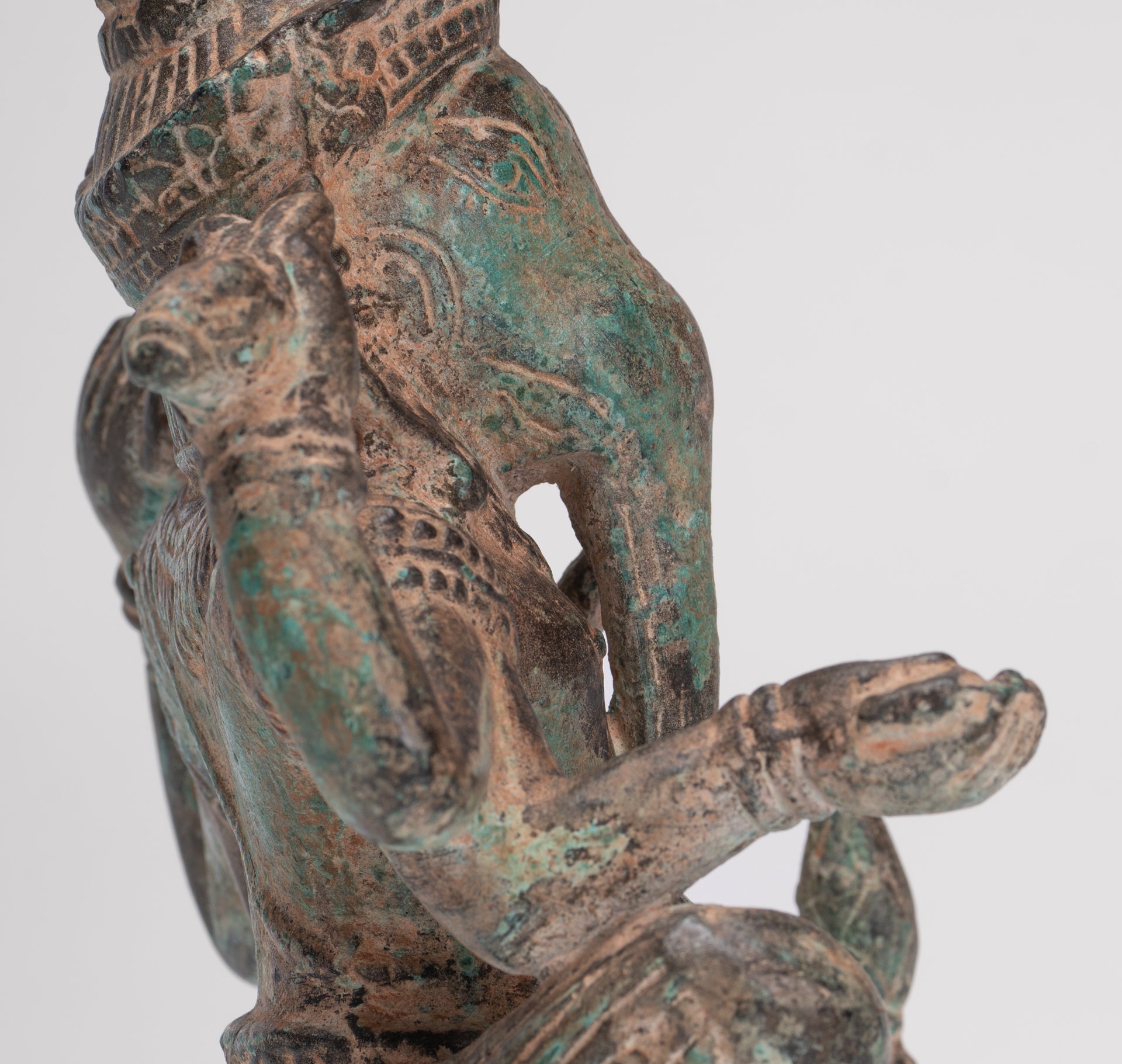 Ganesha Statue - Antique Khmer Style Angkor Wat Bronze Seated Four Arm Ganesh Statue - 19cm/8"