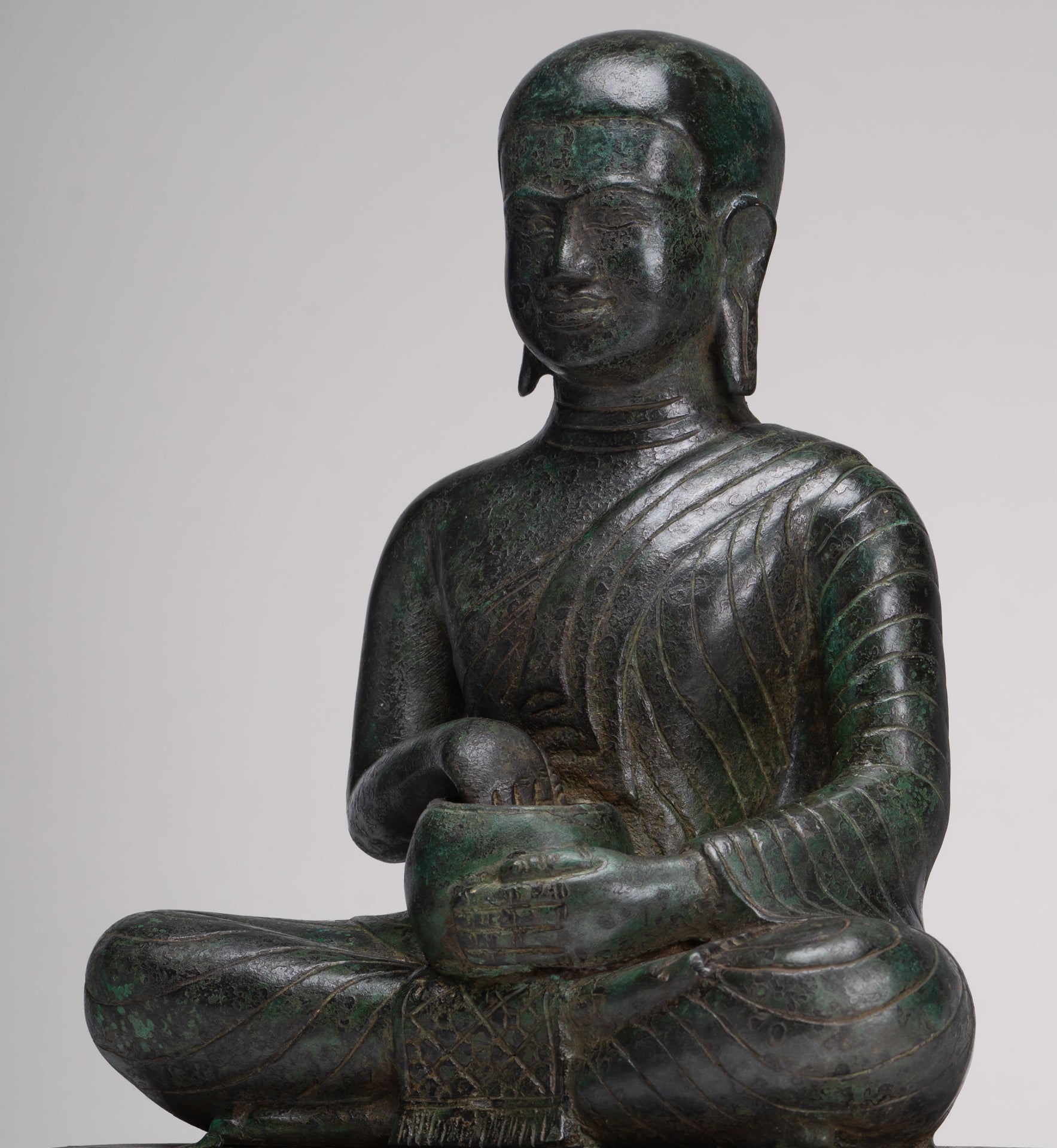 Antique Thai Style Seated Bronze Monk Statue - 33cm/13"