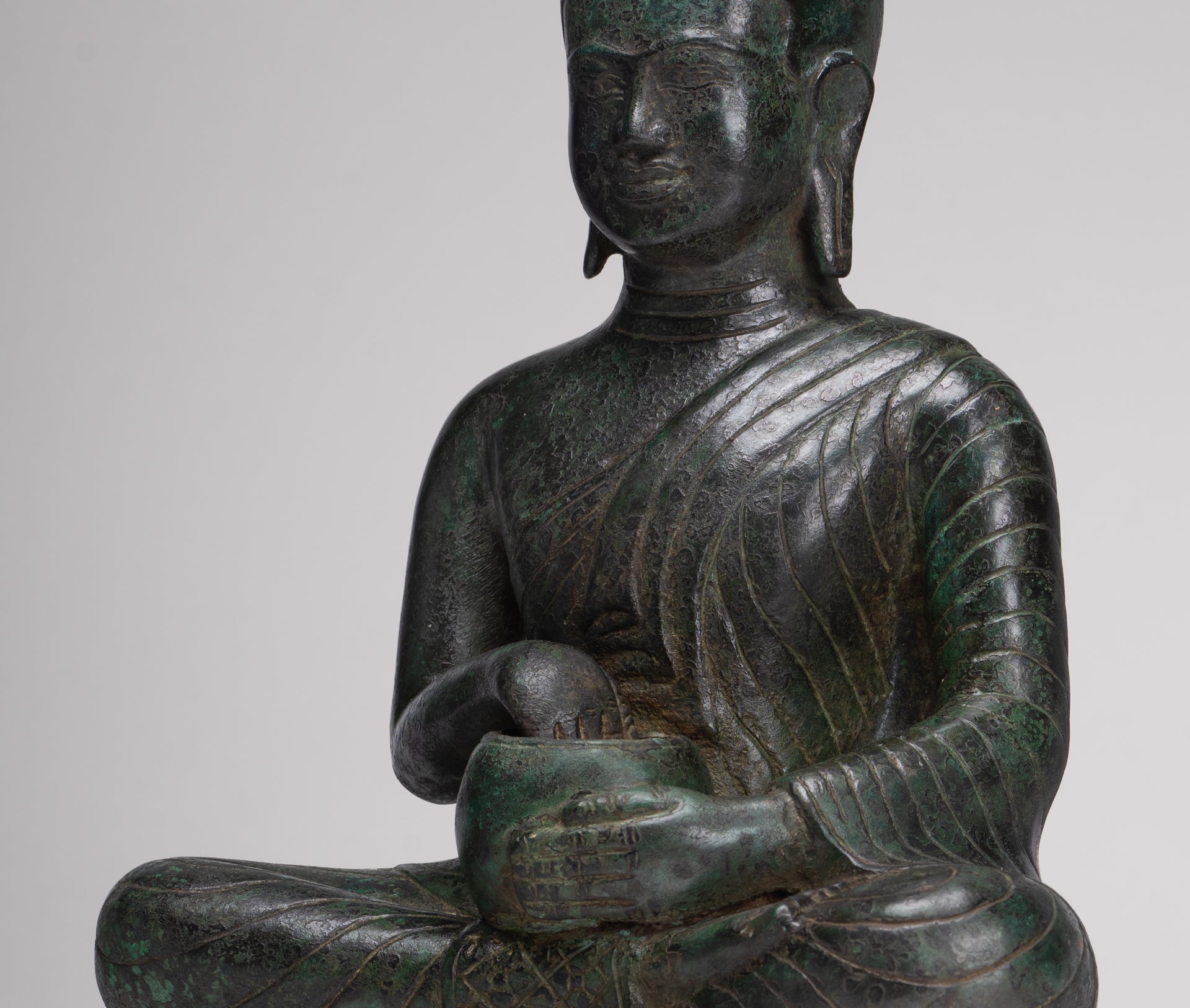 Antique Thai Style Seated Bronze Monk Statue - 33cm/13"