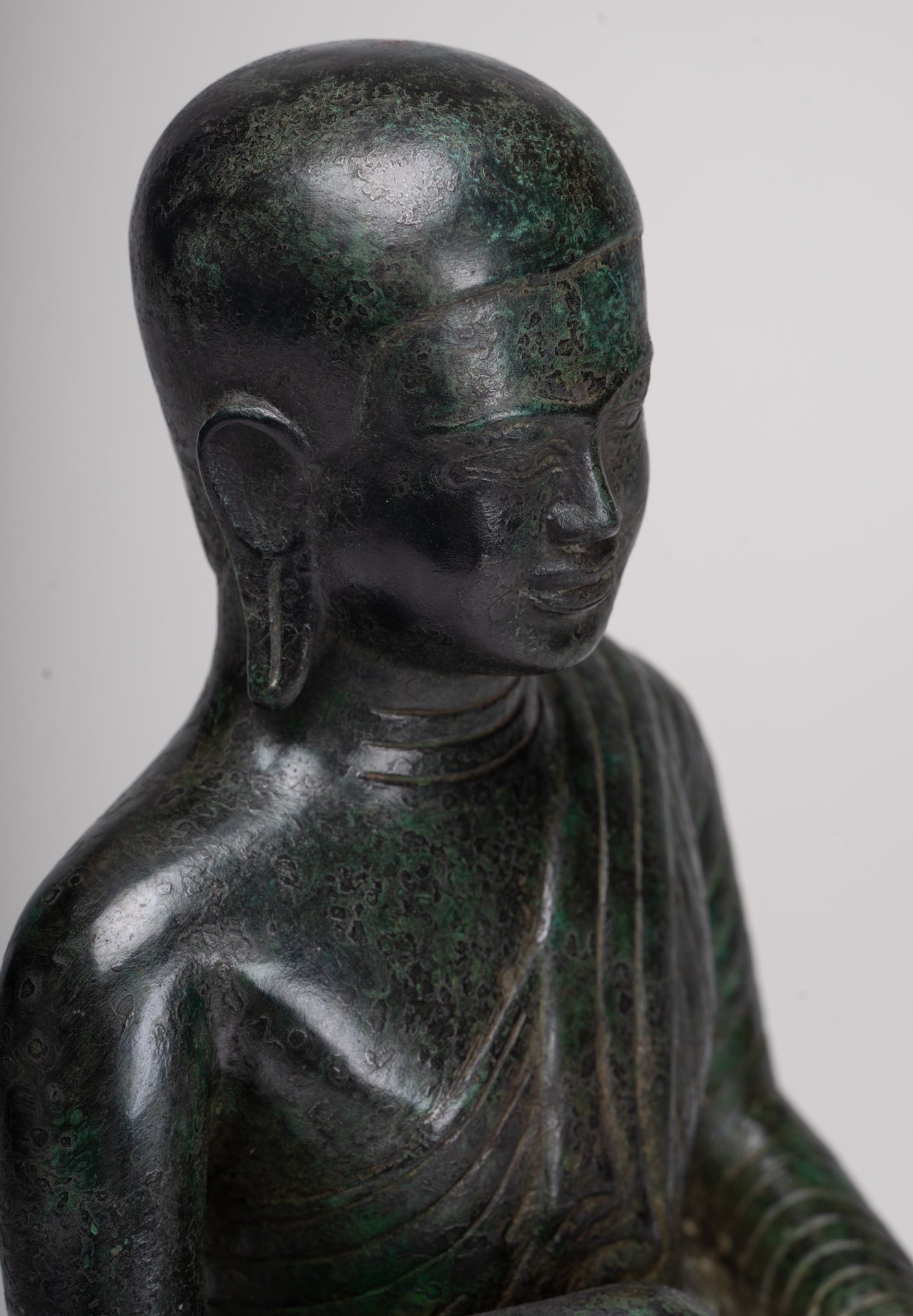 Antique Thai Style Seated Bronze Monk Statue - 33cm/13"