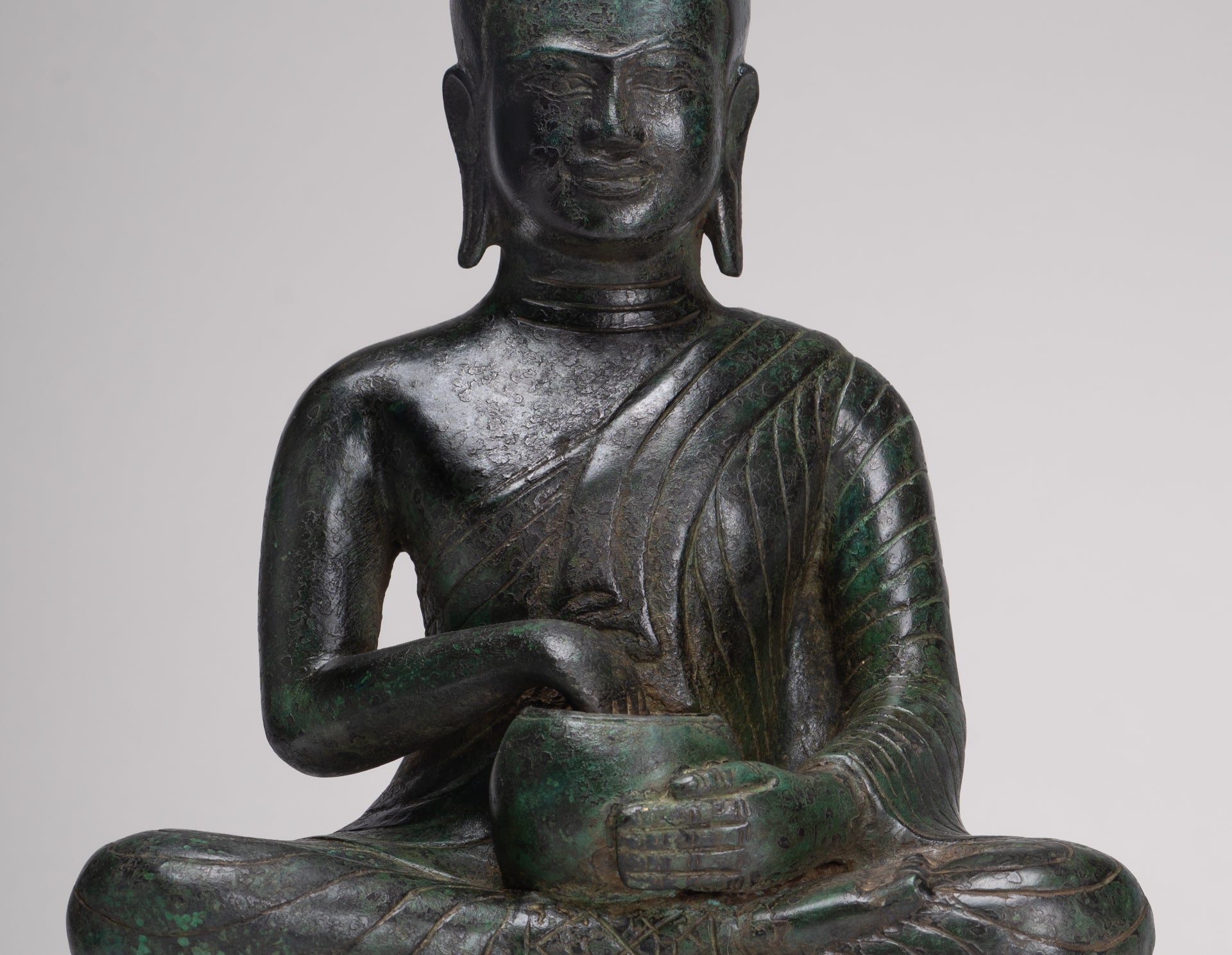 Antique Thai Style Seated Bronze Monk Statue - 33cm/13"