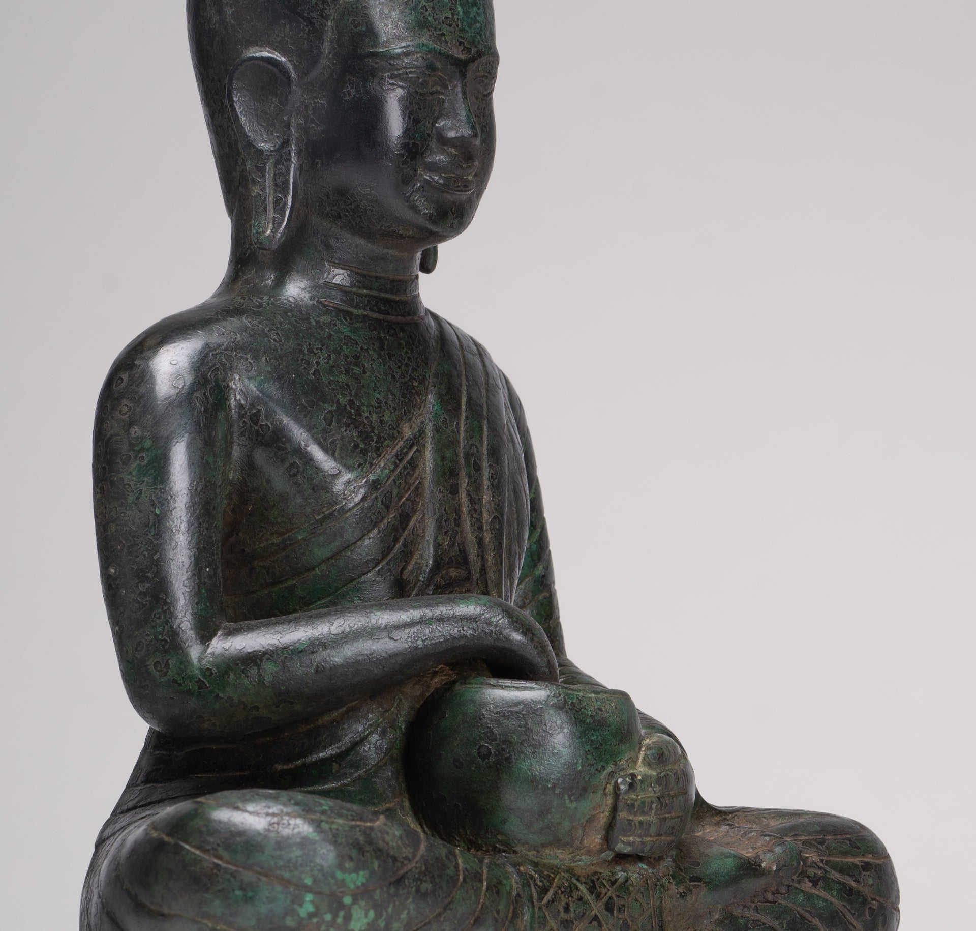 Antique Thai Style Seated Bronze Monk Statue - 33cm/13"
