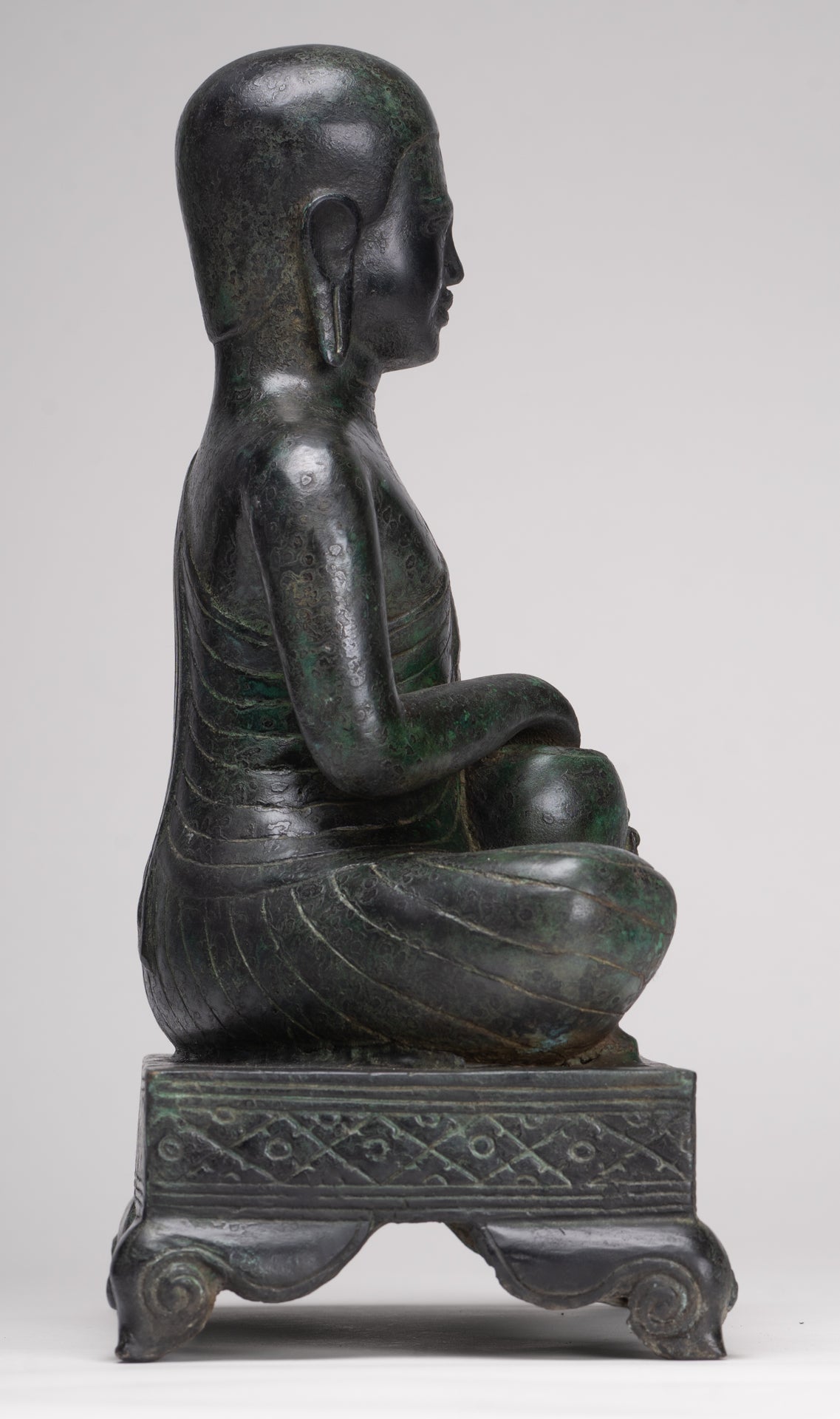 Antique Thai Style Seated Bronze Monk Statue - 33cm/13"