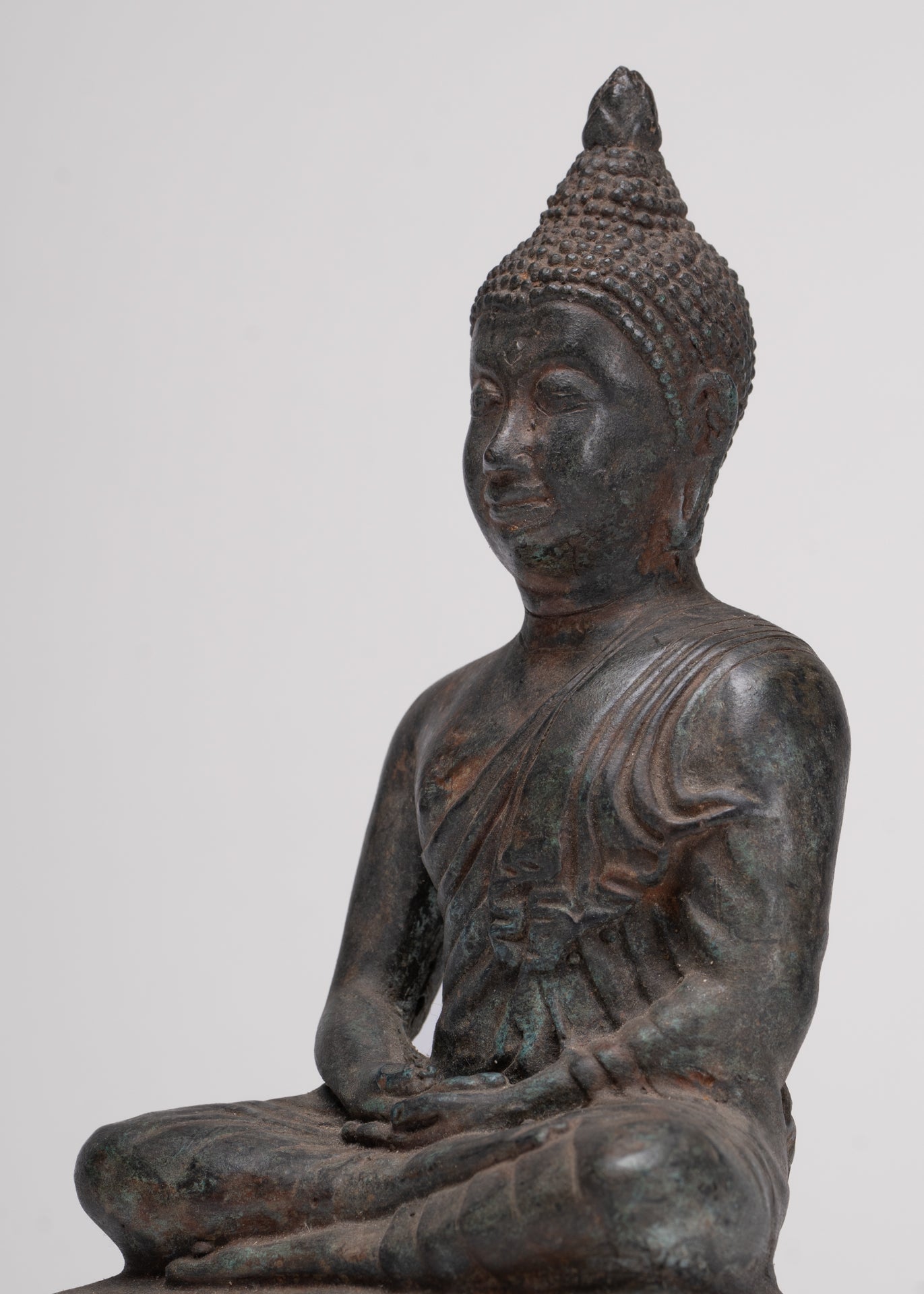 Antique Thai Style Bronze Chiang Saen Meditation Buddha Statue - 23cm/9"