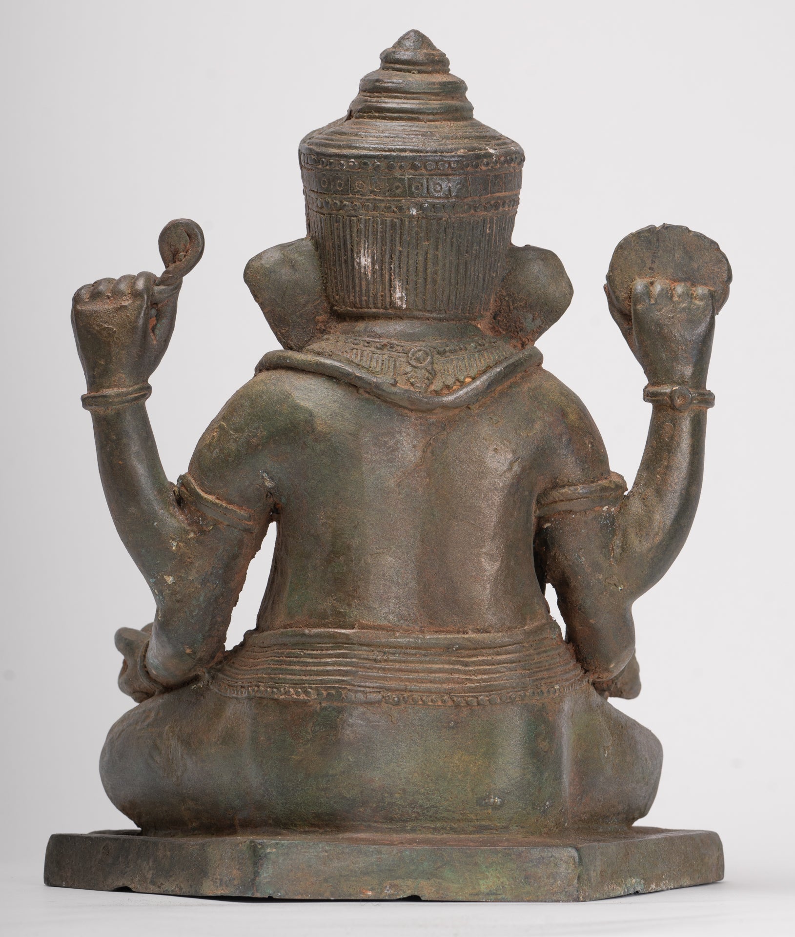 Antique Thai Style Bronze Seated Green 4-Arm Ganesha Statue - 31cm/12"