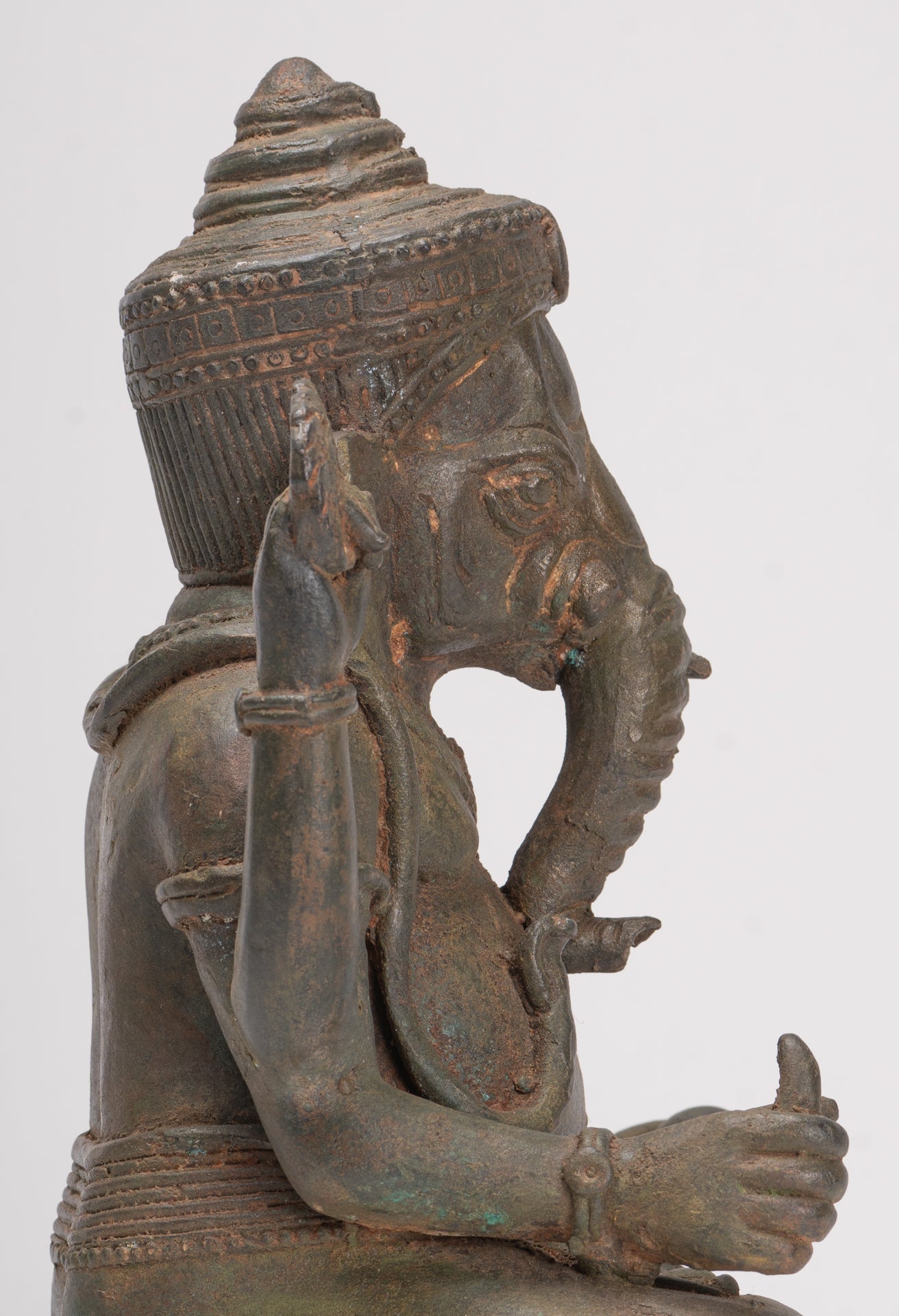 Antique Thai Style Bronze Seated Green 4-Arm Ganesha Statue - 31cm/12"