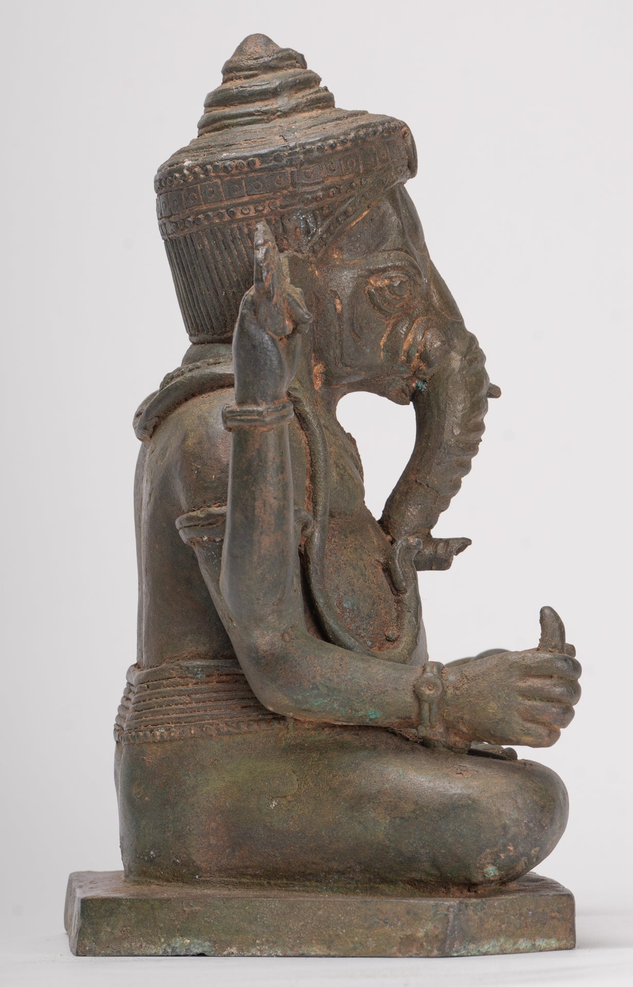 Antique Thai Style Bronze Seated Green 4-Arm Ganesha Statue - 31cm/12"