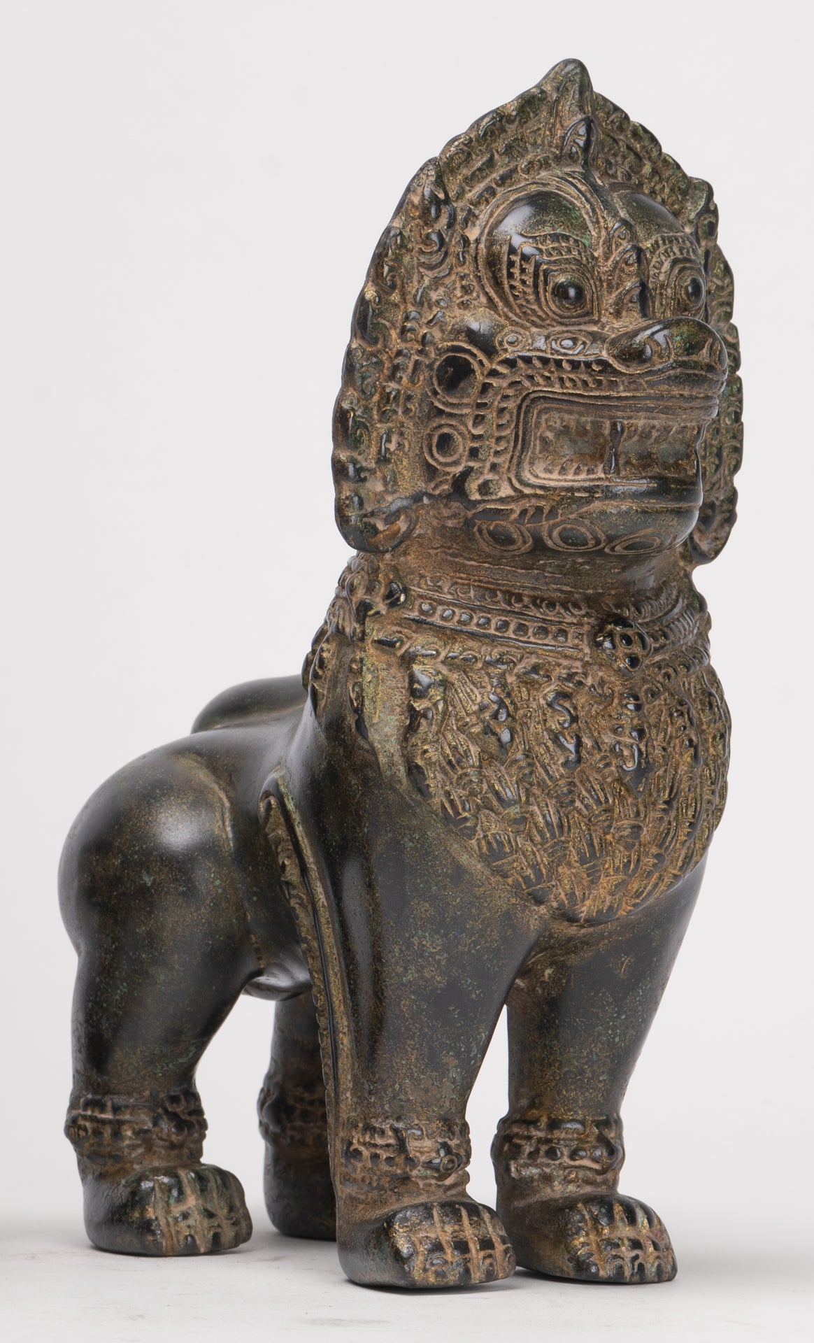 Temple Lions - Antique Khmer Style Bronze Standing Temple Guardian or Lions (Pair) - 21.5cm/9"