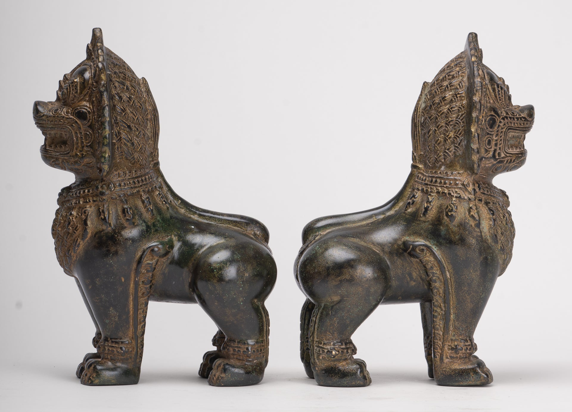 Temple Lions - Antique Khmer Style Bronze Standing Temple Guardian or Lions (Pair) - 21.5cm/9"