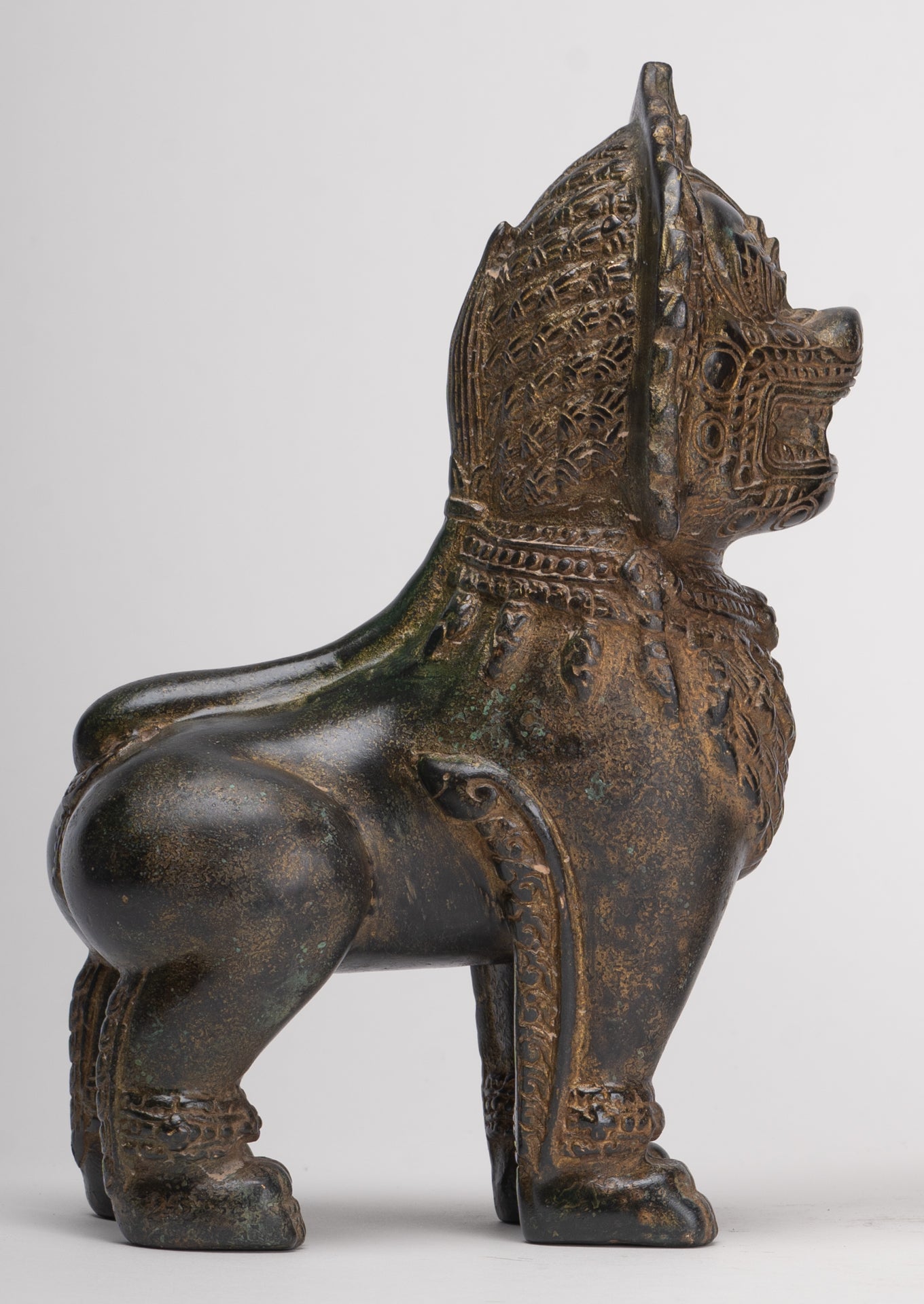 Temple Lions - Antique Khmer Style Bronze Standing Temple Guardian or Lions (Pair) - 21.5cm/9"