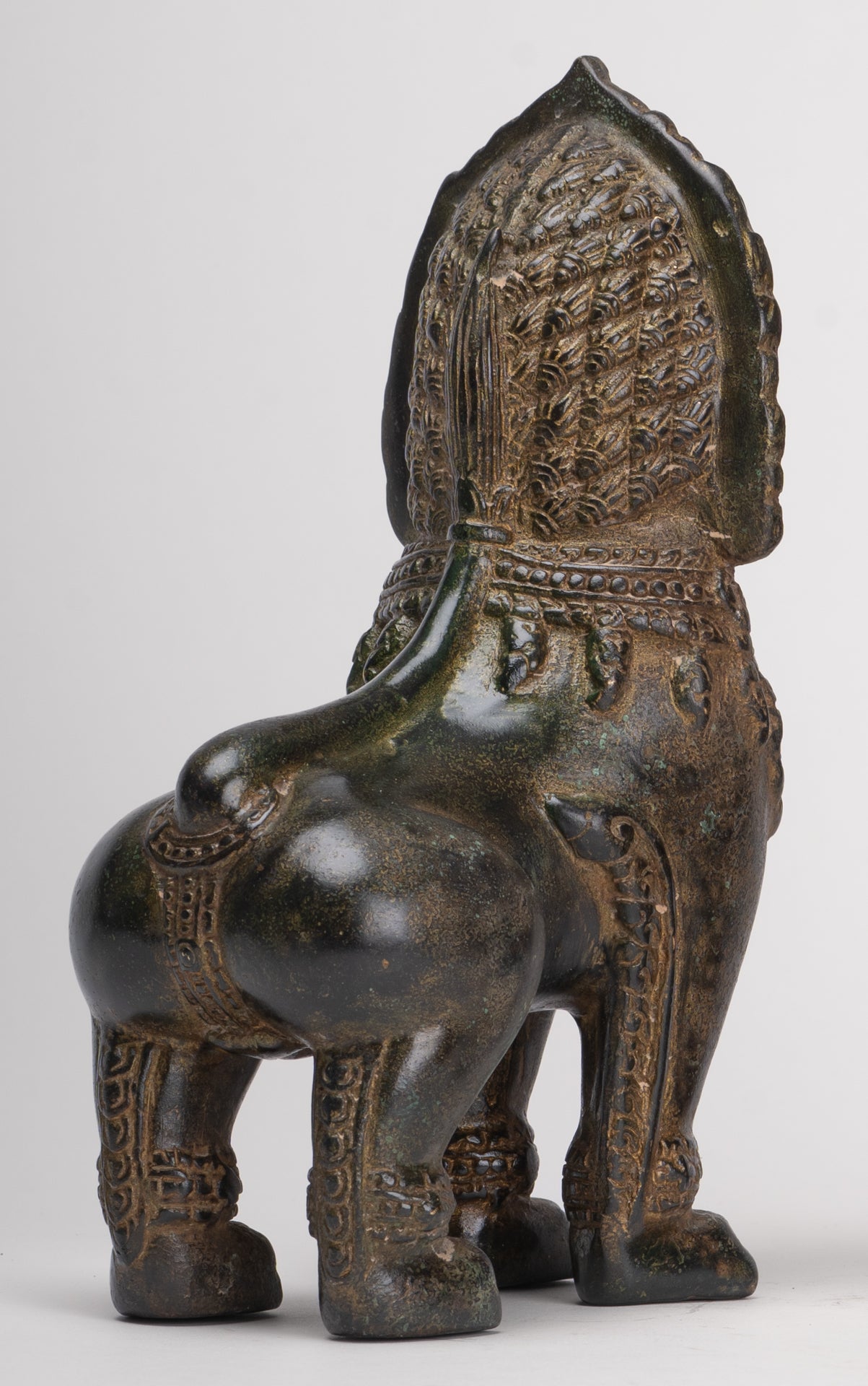 Temple Lions - Antique Khmer Style Bronze Standing Temple Guardian or Lions (Pair) - 21.5cm/9"