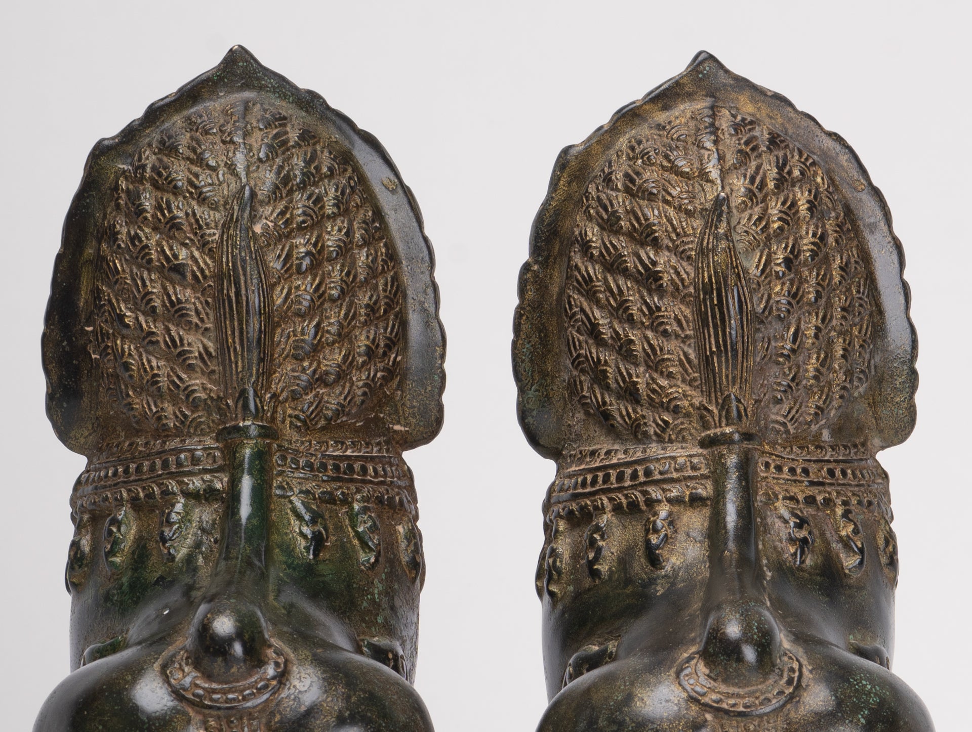 Temple Lions - Antique Khmer Style Bronze Standing Temple Guardian or Lions (Pair) - 21.5cm/9"