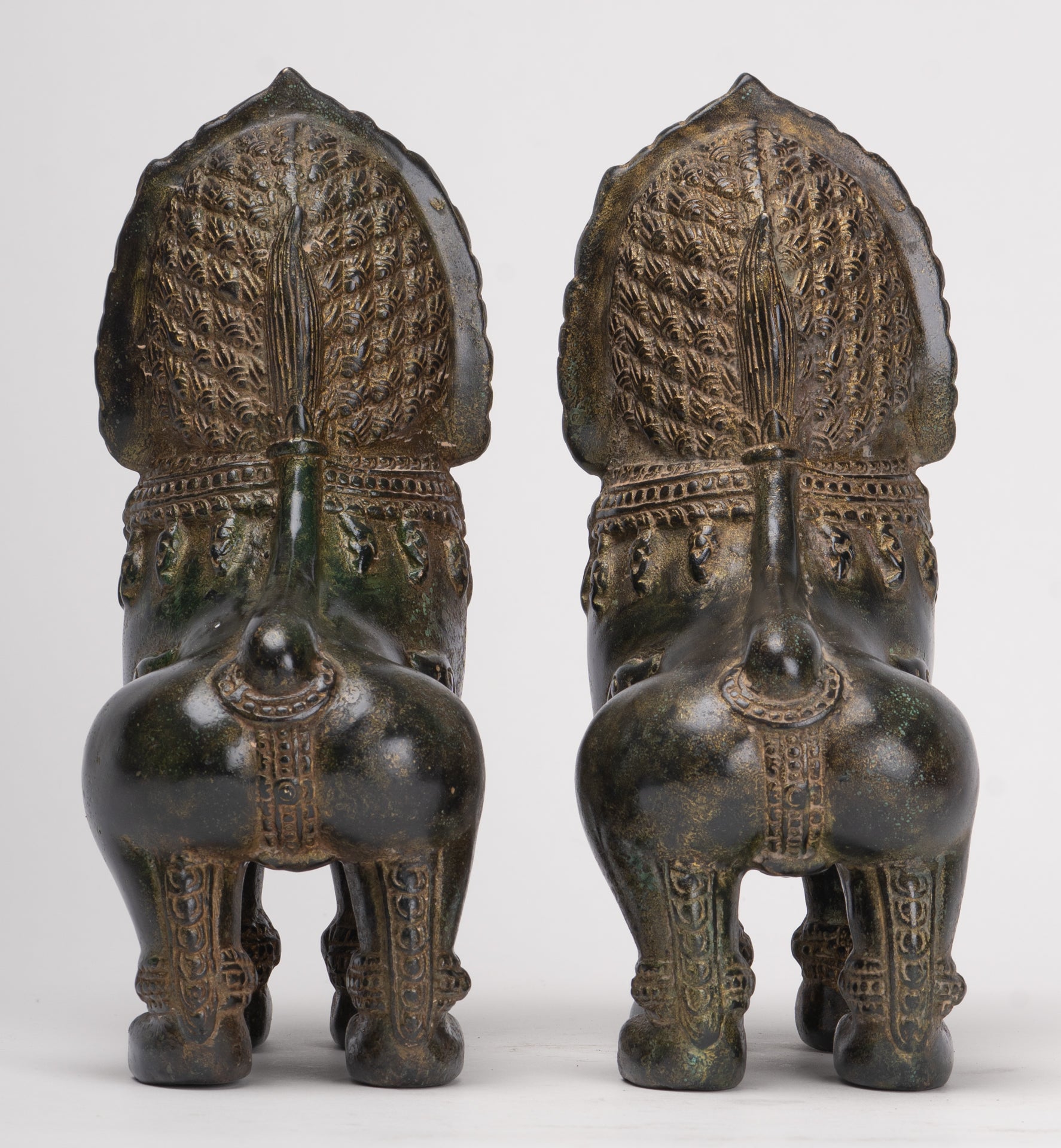 Temple Lions - Antique Khmer Style Bronze Standing Temple Guardian or Lions (Pair) - 21.5cm/9"