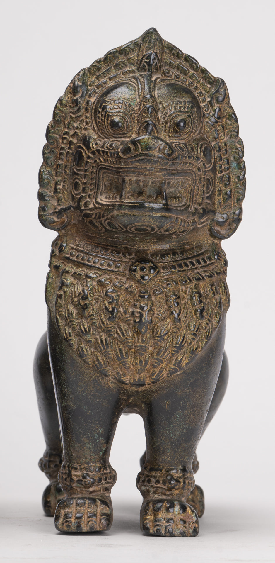 Temple Lions - Antique Khmer Style Bronze Standing Temple Guardian or Lions (Pair) - 21.5cm/9"
