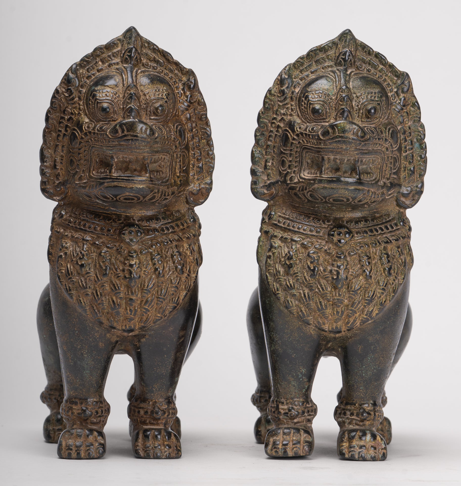 Temple Lions - Antique Khmer Style Bronze Standing Temple Guardian or Lions (Pair) - 21.5cm/9"