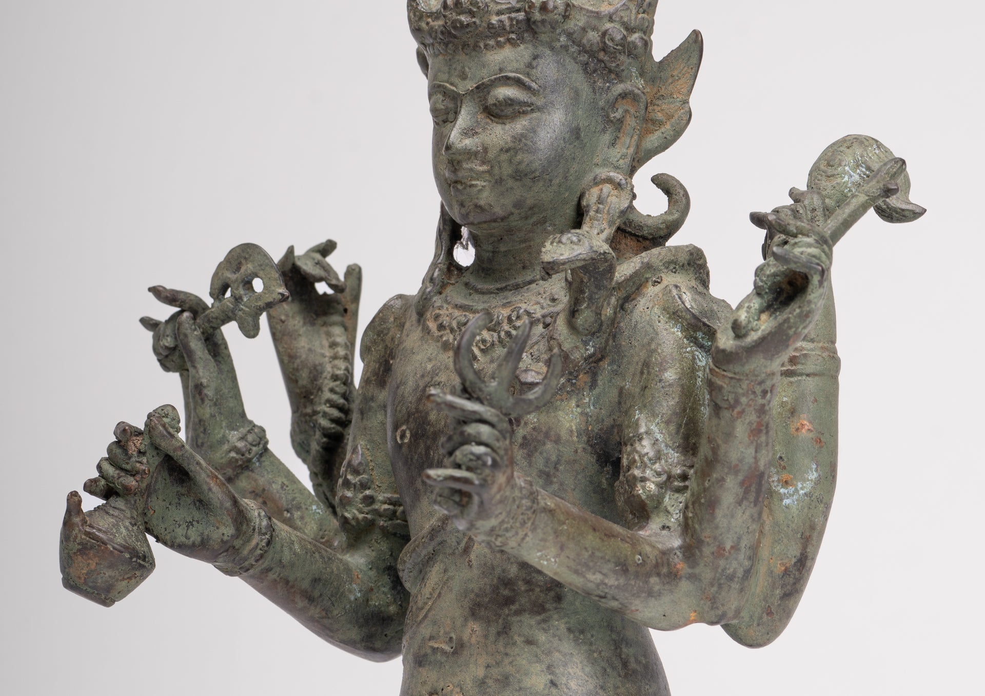 Shiva Statue - Antique Indonesian Style Bronze Javanese 6-Arm Shiva Statue - 34cm/14"