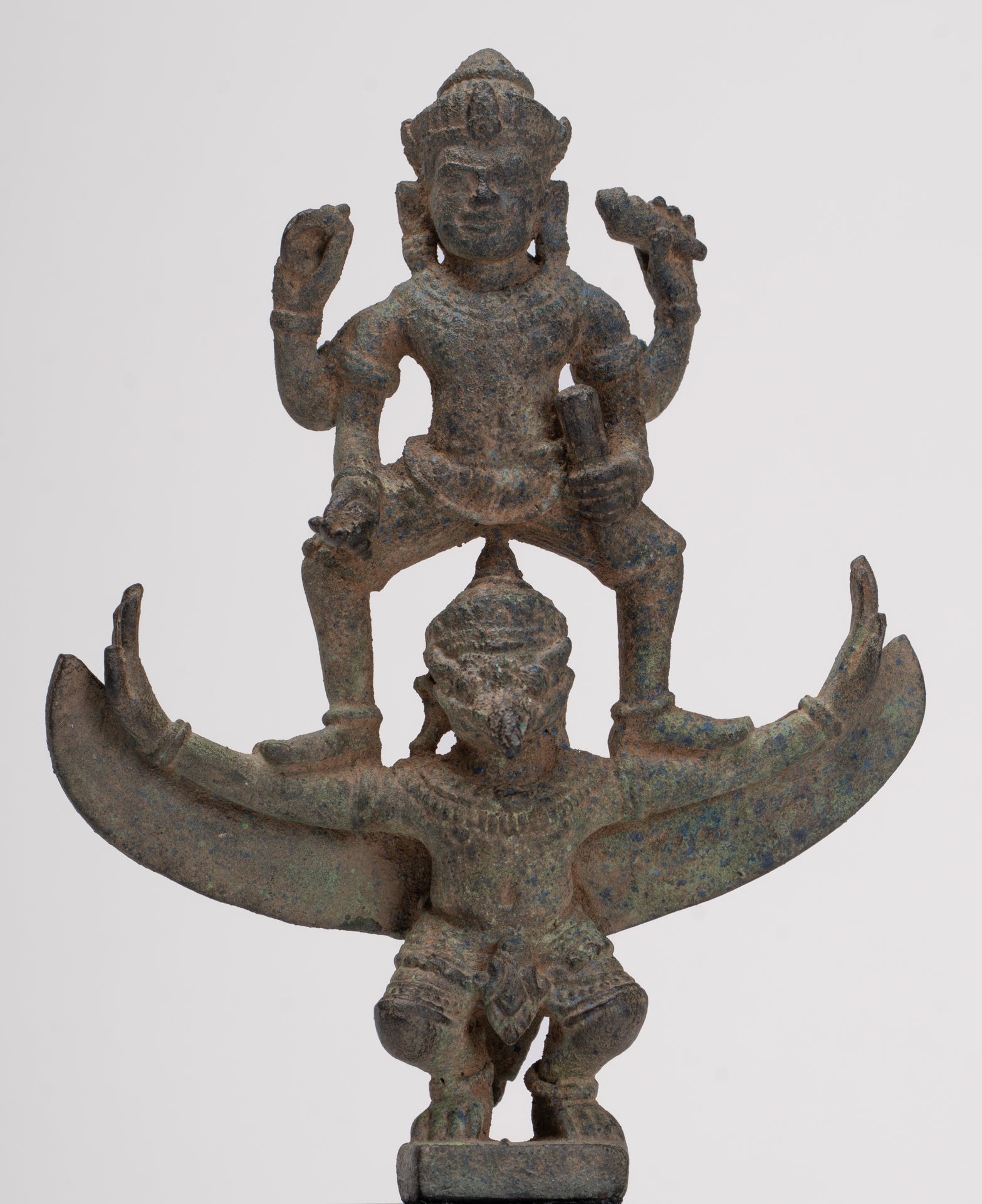 Masterpiece - Antique Khmer Style Bronze Khmer Angkor Wat Vishnu Statue Riding Garuda - 19.5cm/8"