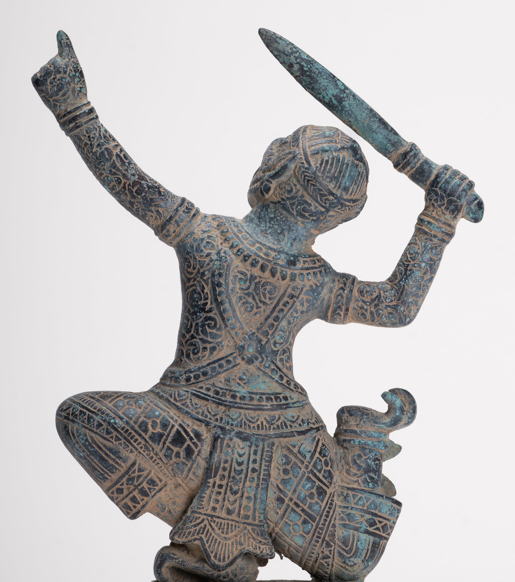 Antique Khmer Bayon Style Bronze Hanuman Warrior Statue – Sword-Bearing Monkey General - 23.5cm/9" Tall