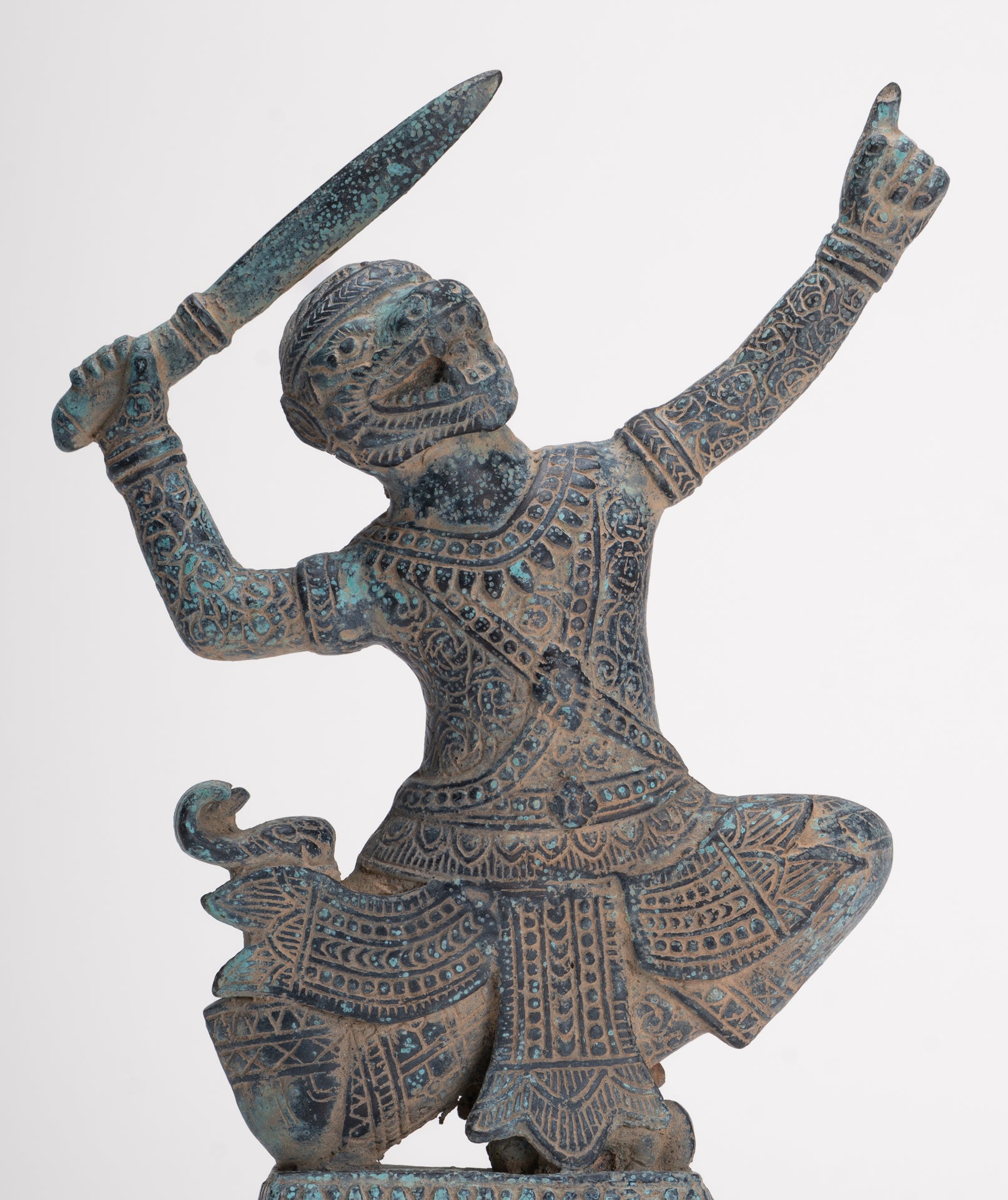 Antique Khmer Bayon Style Bronze Hanuman Warrior Statue – Sword-Bearing Monkey General - 23.5cm/9" Tall