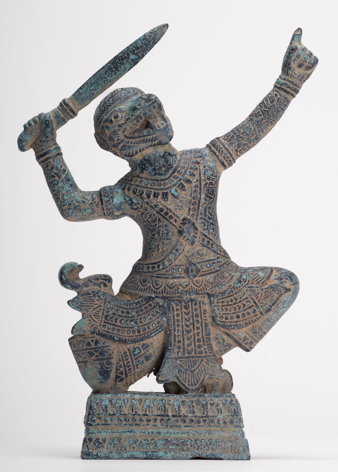 Antique Khmer Bayon Style Bronze Hanuman Warrior Statue – Sword-Bearing Monkey General - 23.5cm/9" Tall