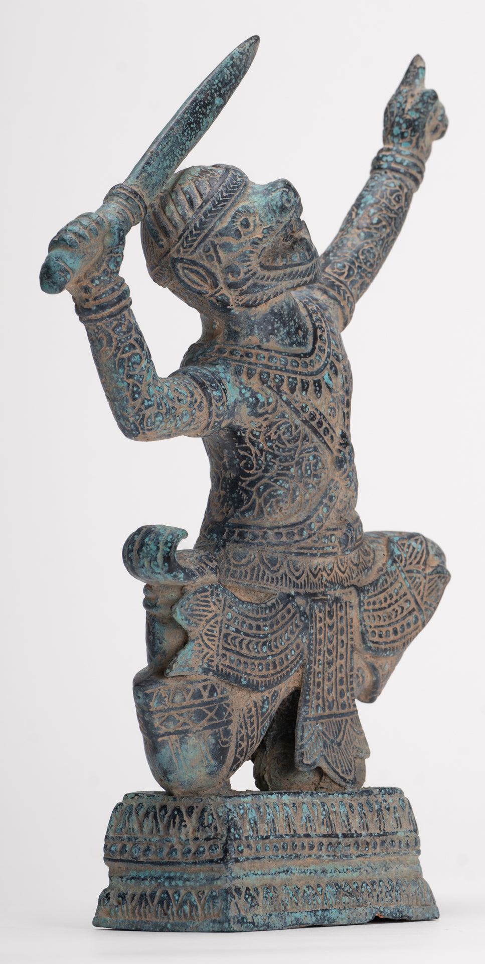 Antique Khmer Bayon Style Bronze Hanuman Warrior Statue – Sword-Bearing Monkey General - 23.5cm/9" Tall