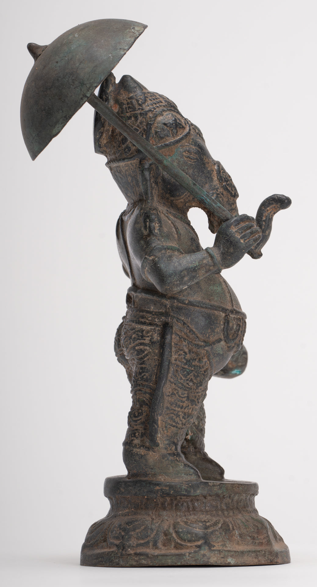 Antique Chola Style Standing Bronze Bridegroom or Mappillai Ganesha Statue w/Umbrella - 22cm/9"