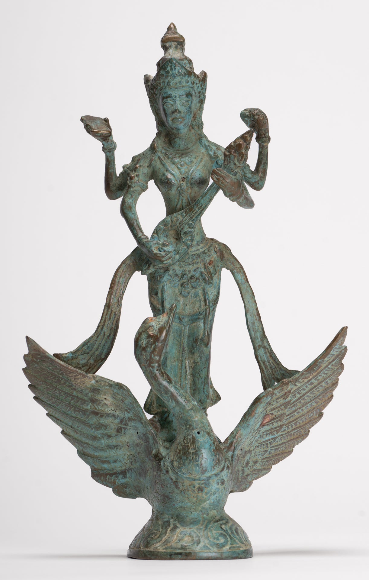 Antique Indonesian Style Bronze Javanese Saraswati Statue - 26cm/10"