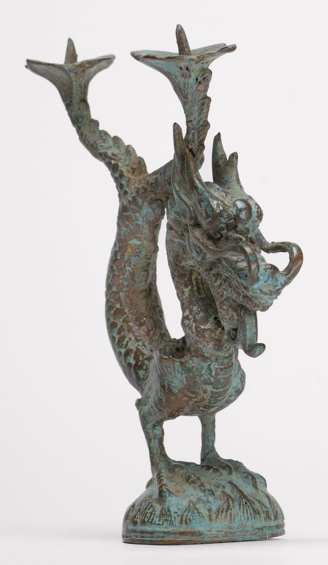 Antique Chinese Style Bronze Dragon Candle Holder - 17.5cm/7"